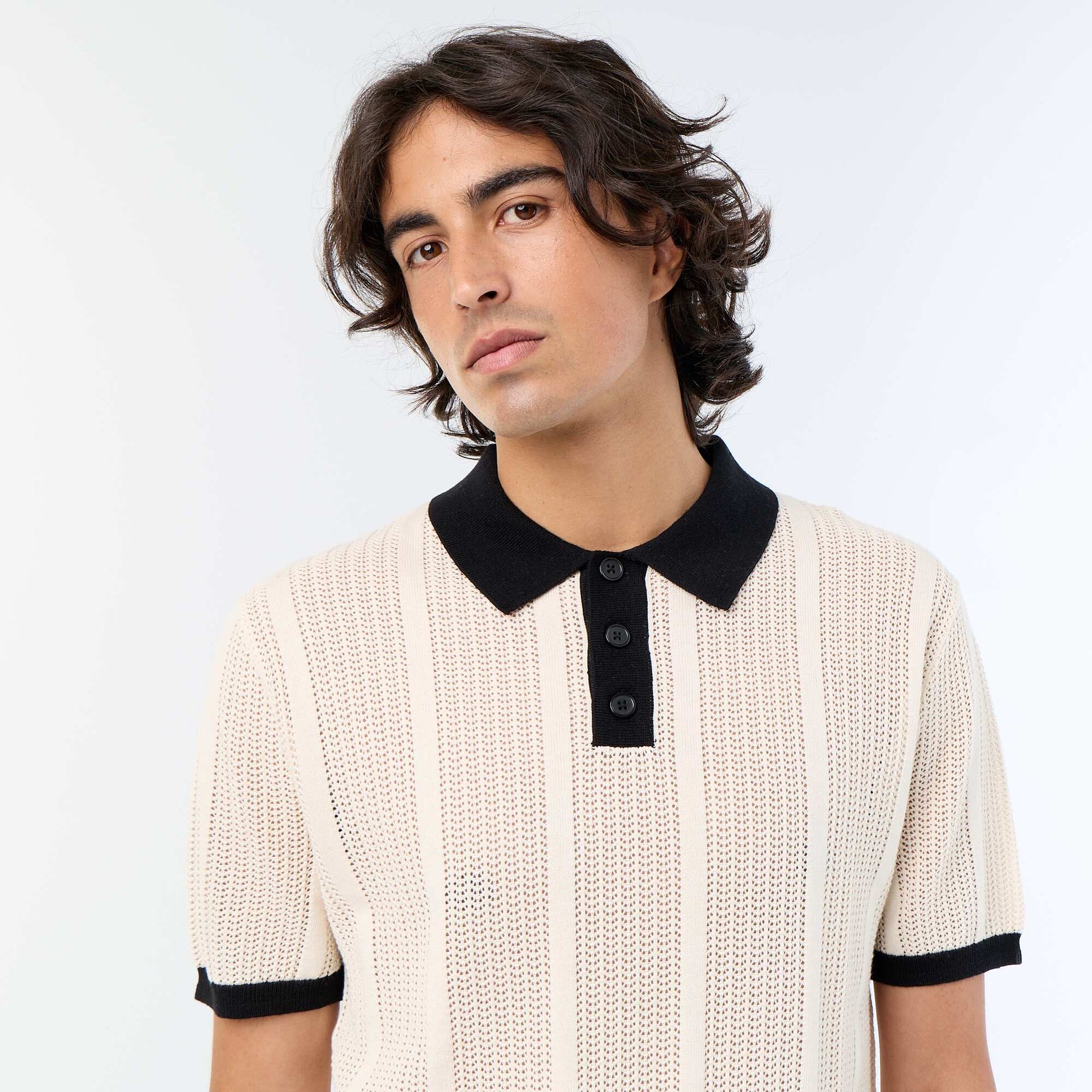 Short-sleeved open-knit polo shirt BEIGE