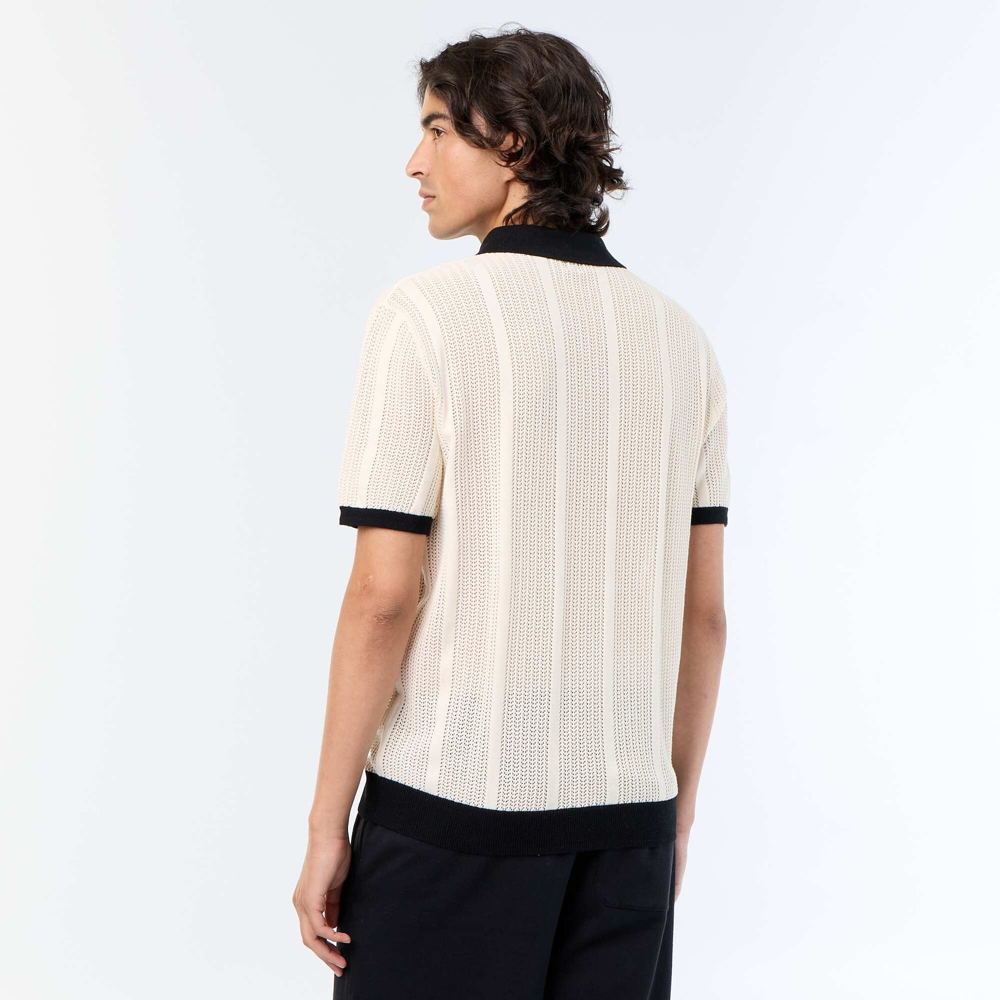 Short-sleeved open-knit polo shirt BEIGE