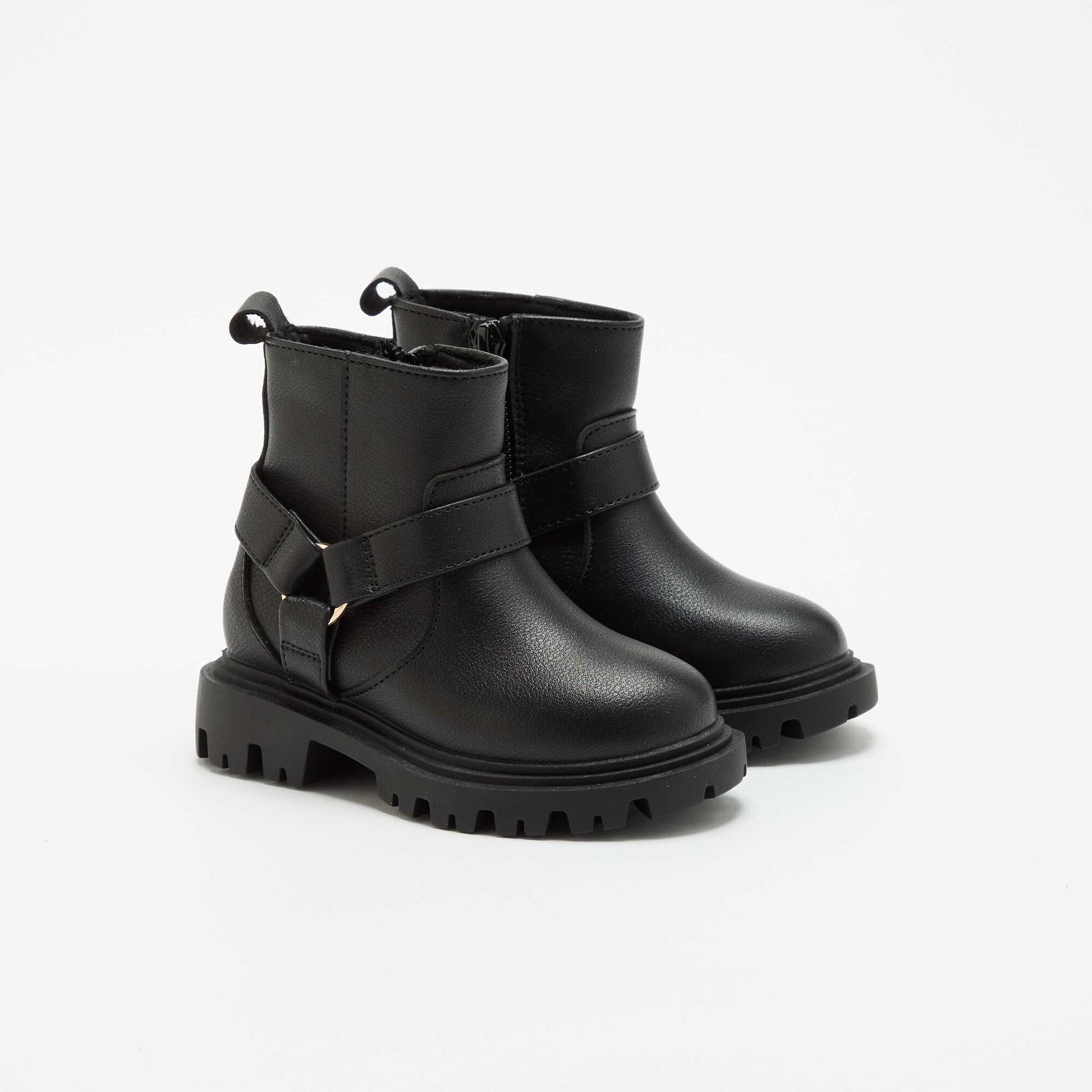 Faux leather biker strap boots BLACK