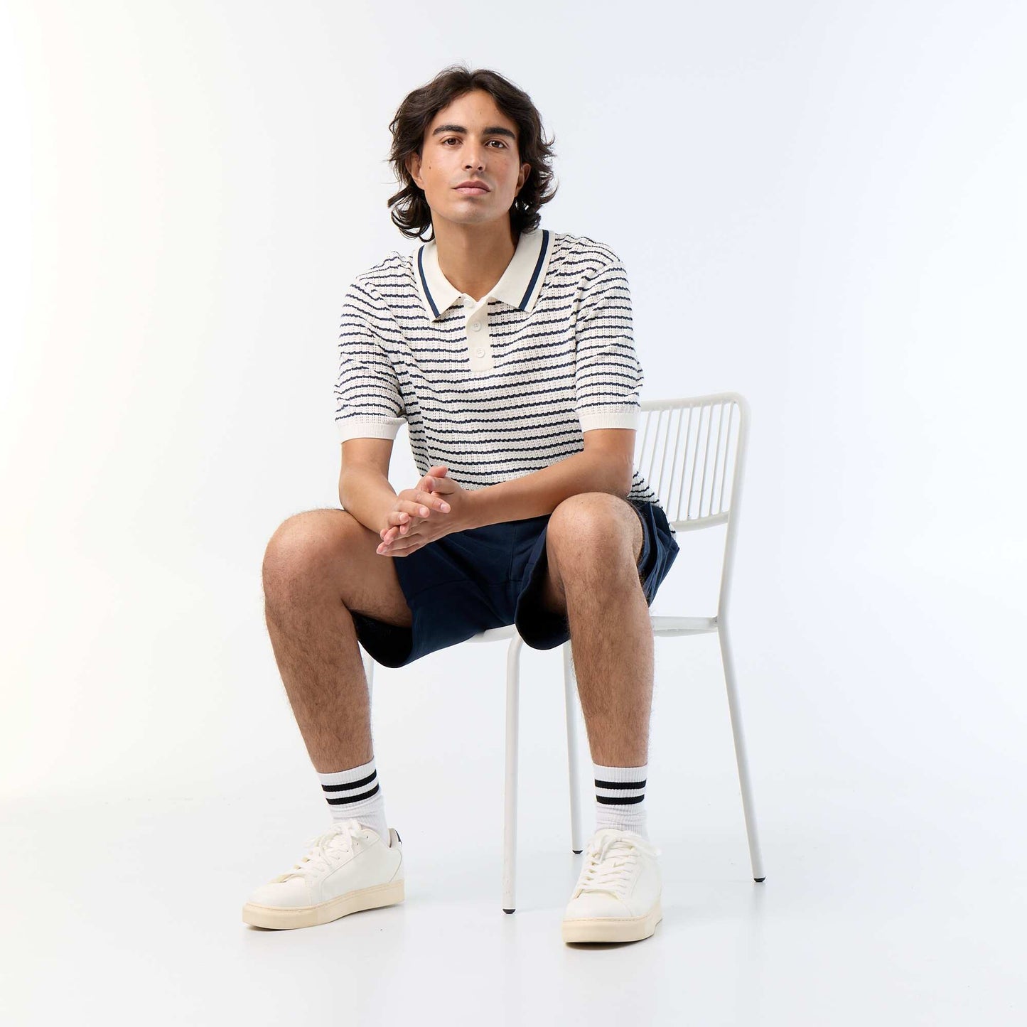 Short-sleeved open-knit polo shirt BEIGE