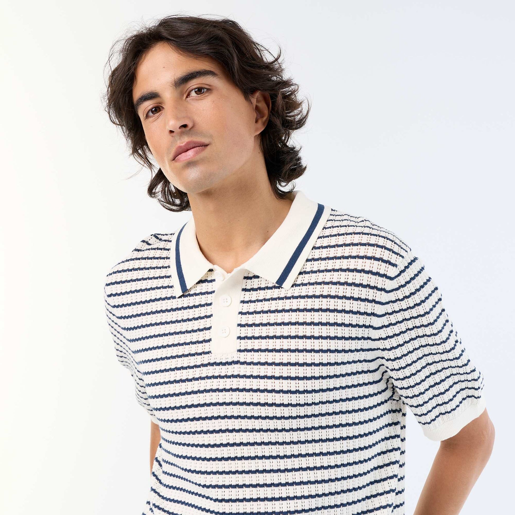Short-sleeved open-knit polo shirt BEIGE