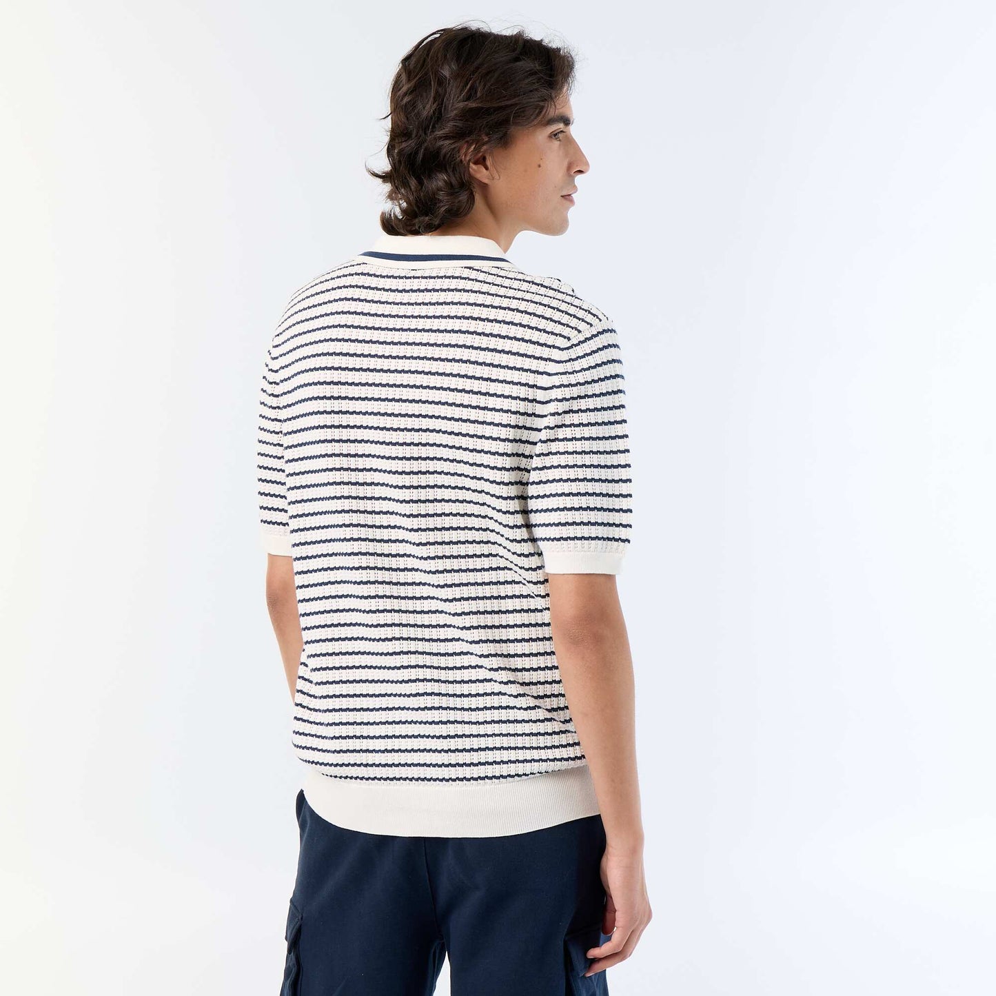 Short-sleeved open-knit polo shirt BEIGE