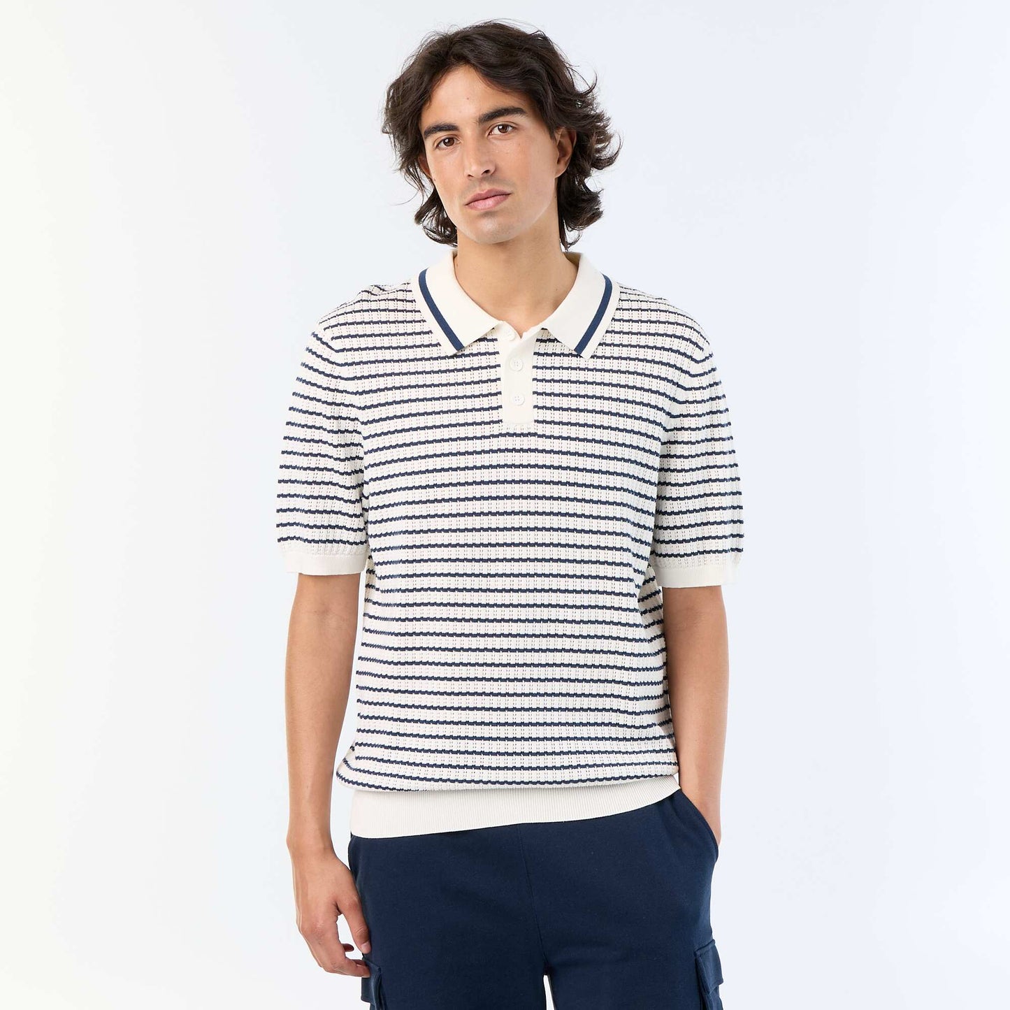 Short-sleeved open-knit polo shirt BEIGE