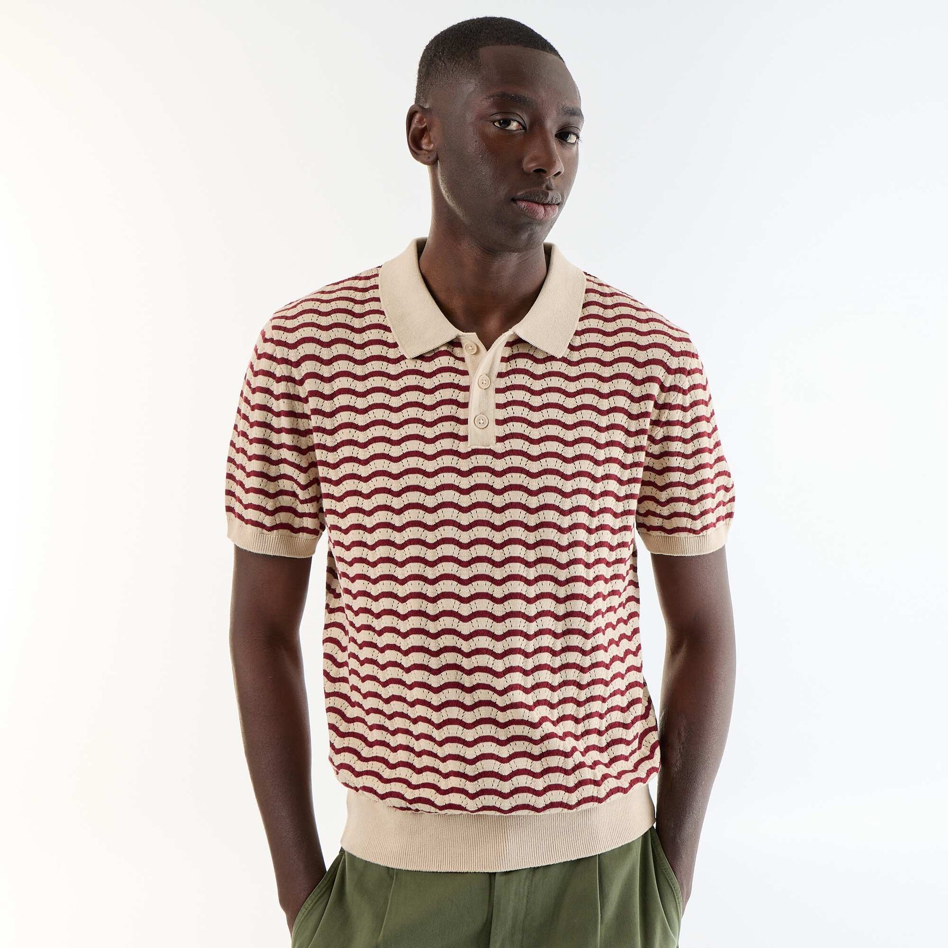 Short-sleeved openwork knit polo shirt BEIGE