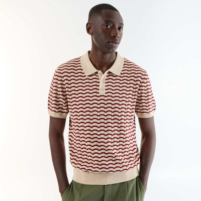 Short-sleeved openwork knit polo shirt BEIGE
