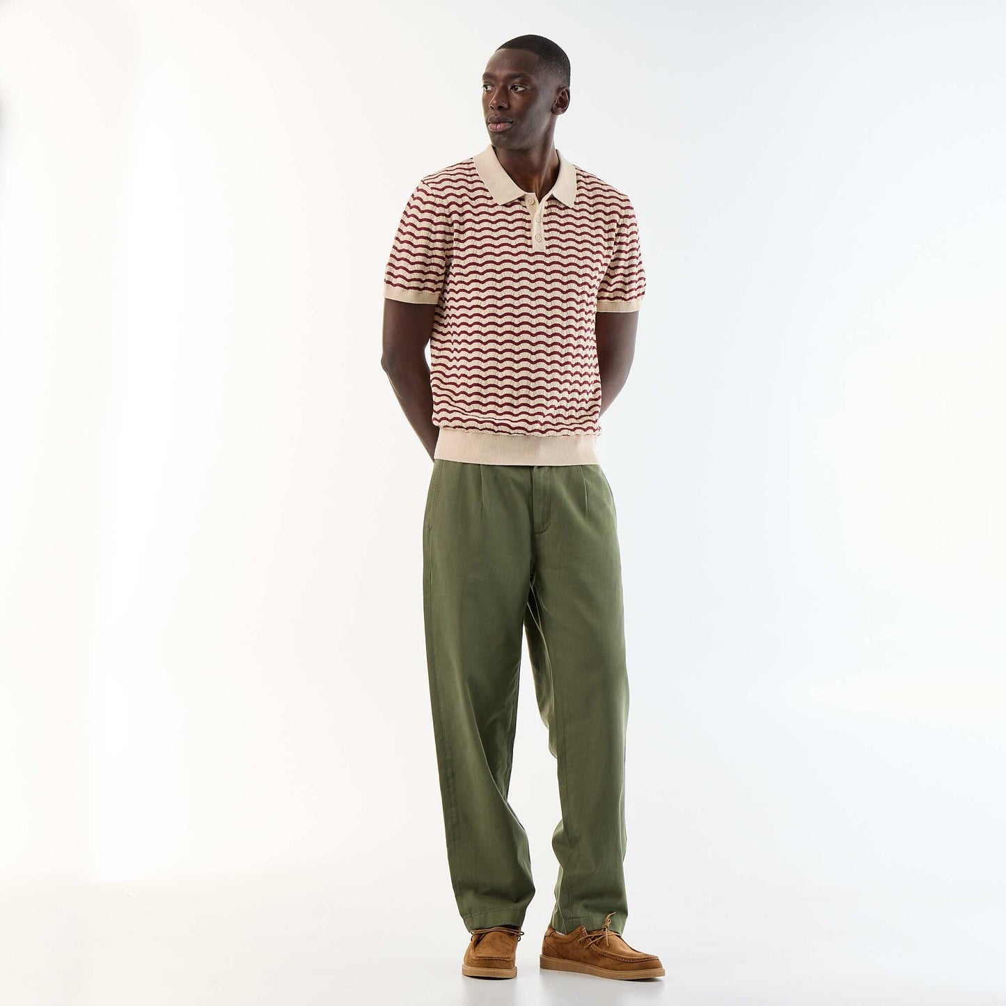 Short-sleeved openwork knit polo shirt BEIGE