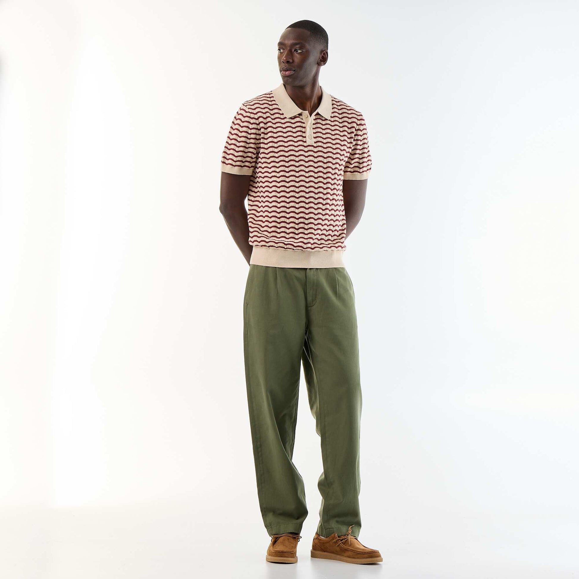 Short-sleeved openwork knit polo shirt BEIGE