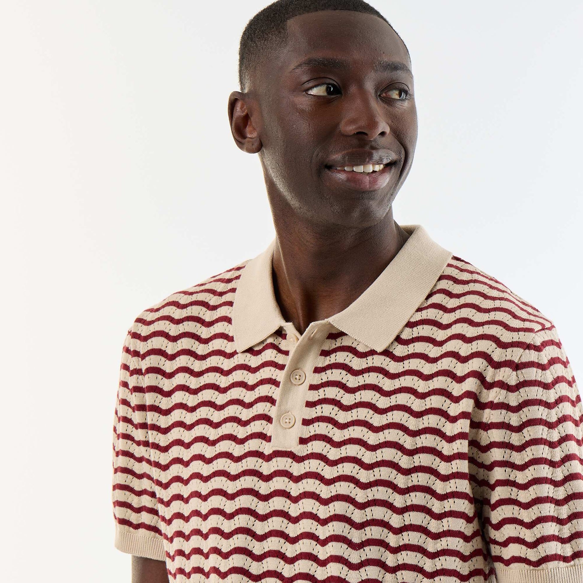 Short-sleeved openwork knit polo shirt BEIGE