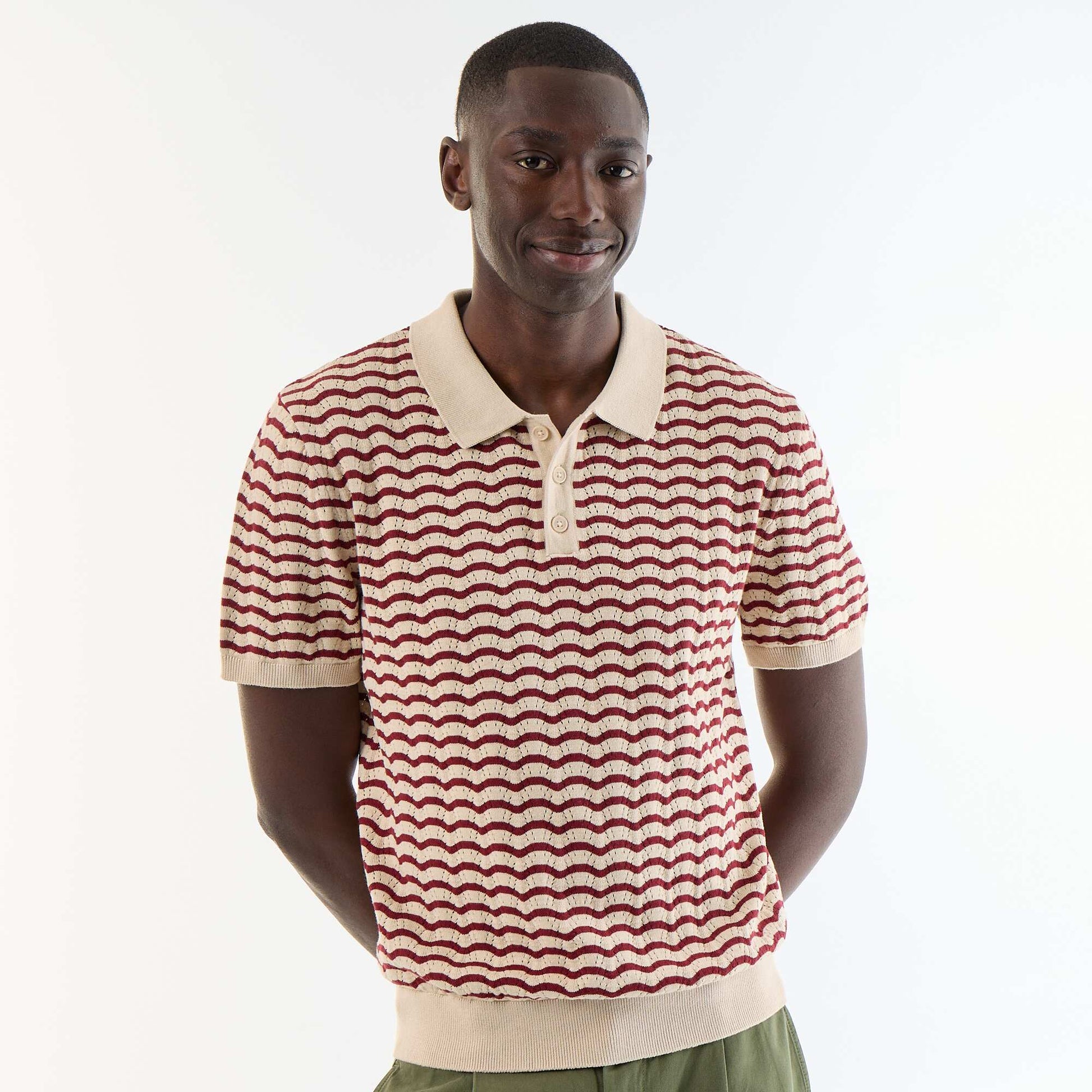 Short-sleeved openwork knit polo shirt BEIGE
