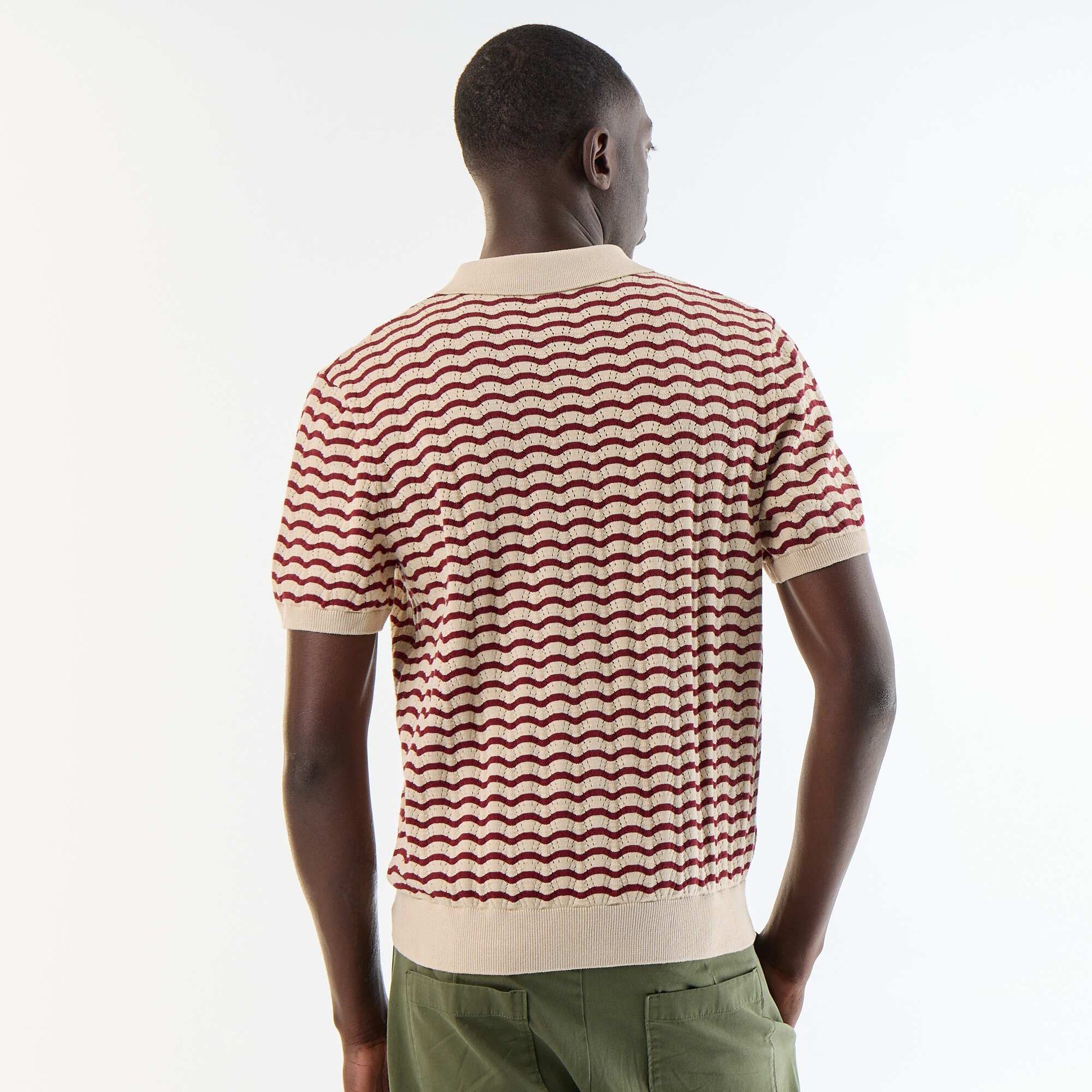 Short-sleeved openwork knit polo shirt BEIGE