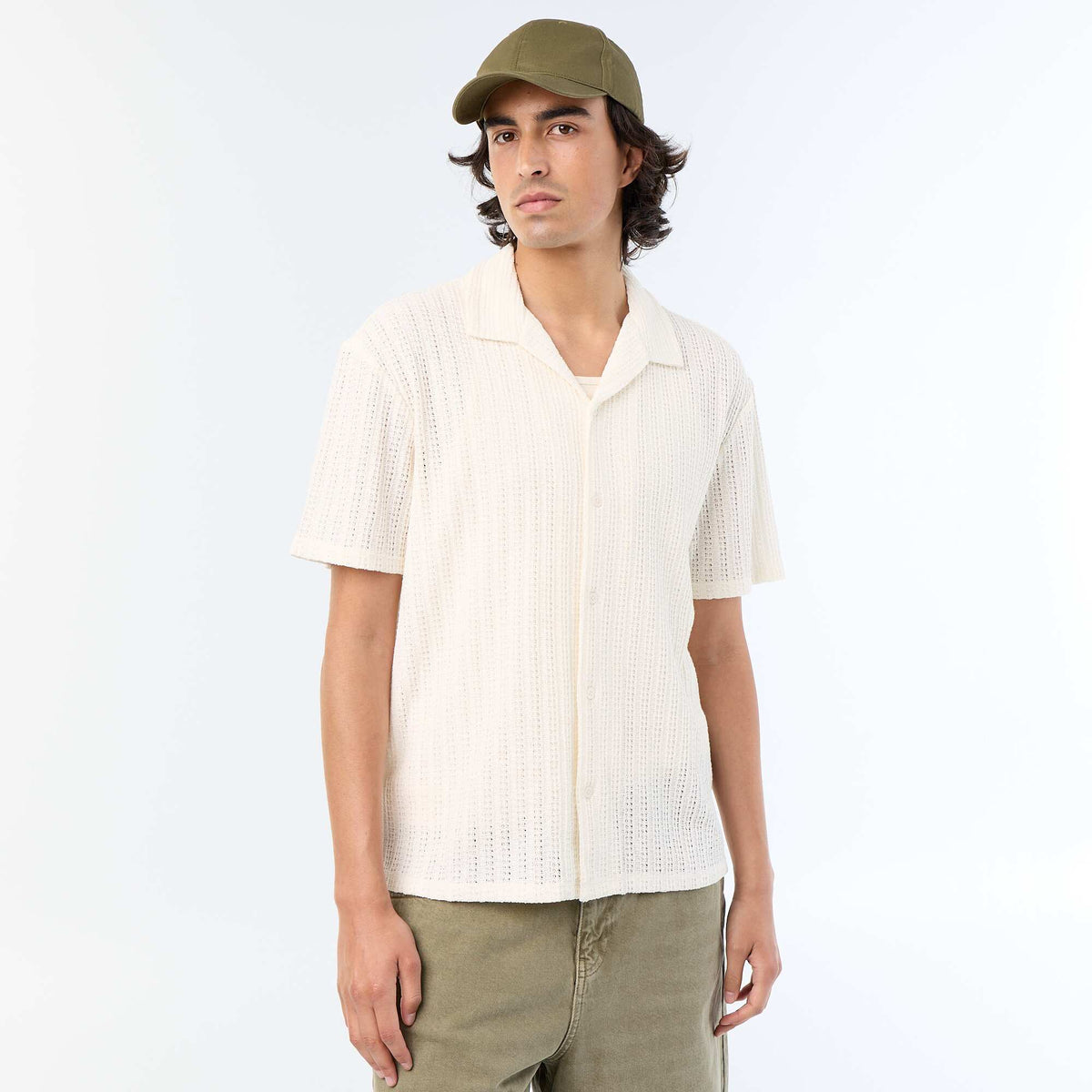 Open-knit Short-Sleeved Shirt WHITE