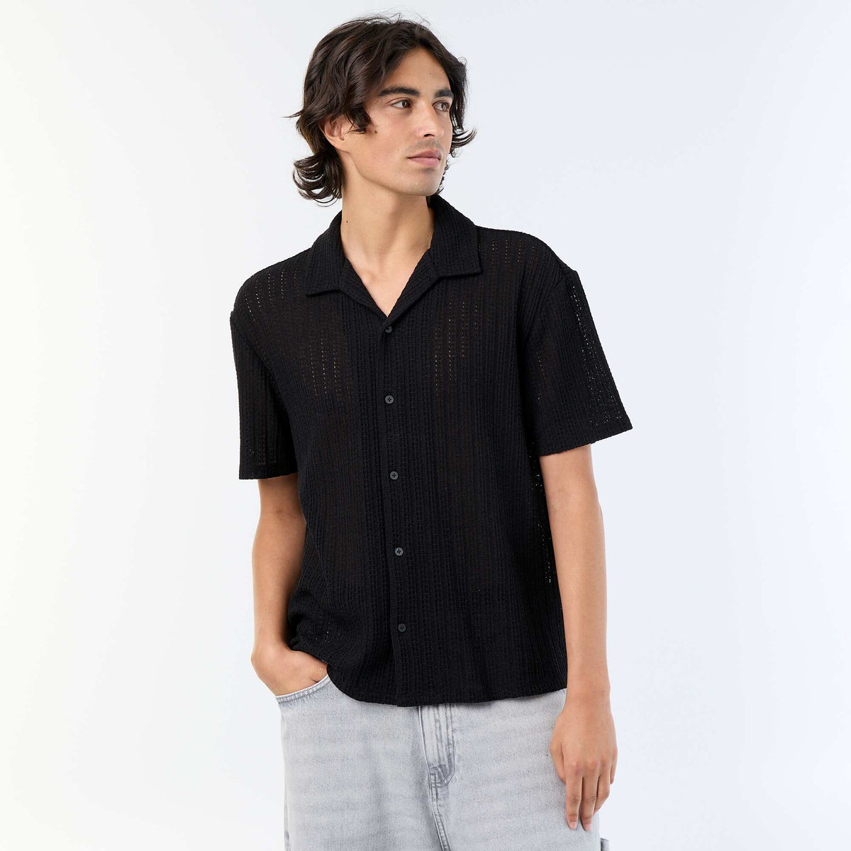 Open-knit Short-Sleeved Shirt BLACK