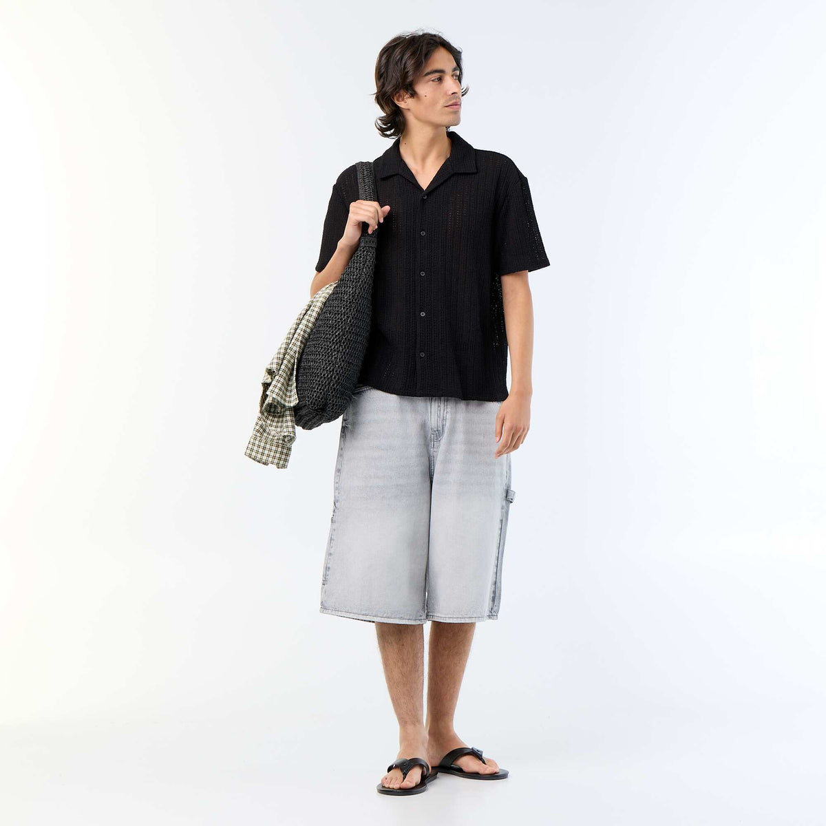 Open-knit Short-Sleeved Shirt BLACK