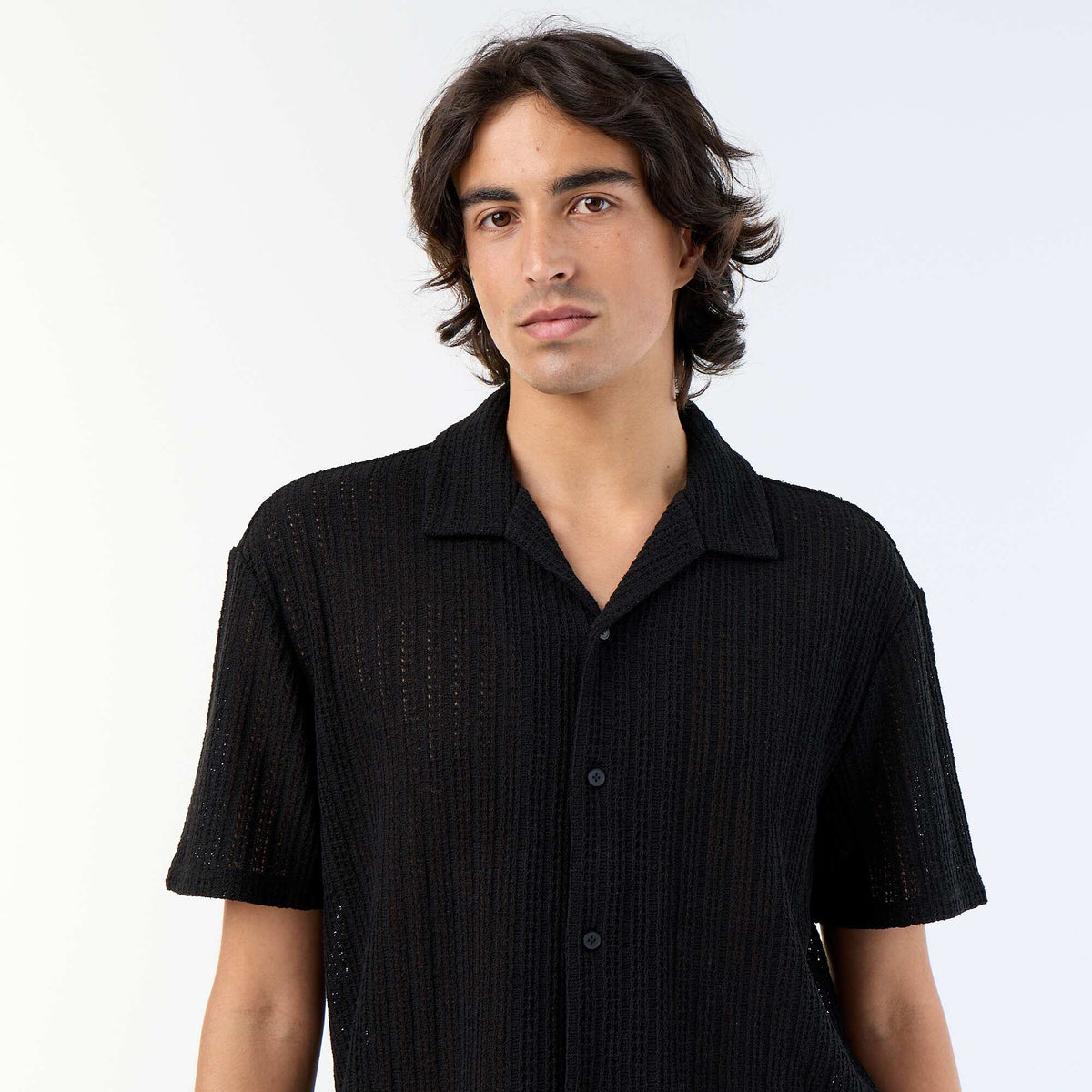 Open-knit Short-Sleeved Shirt BLACK