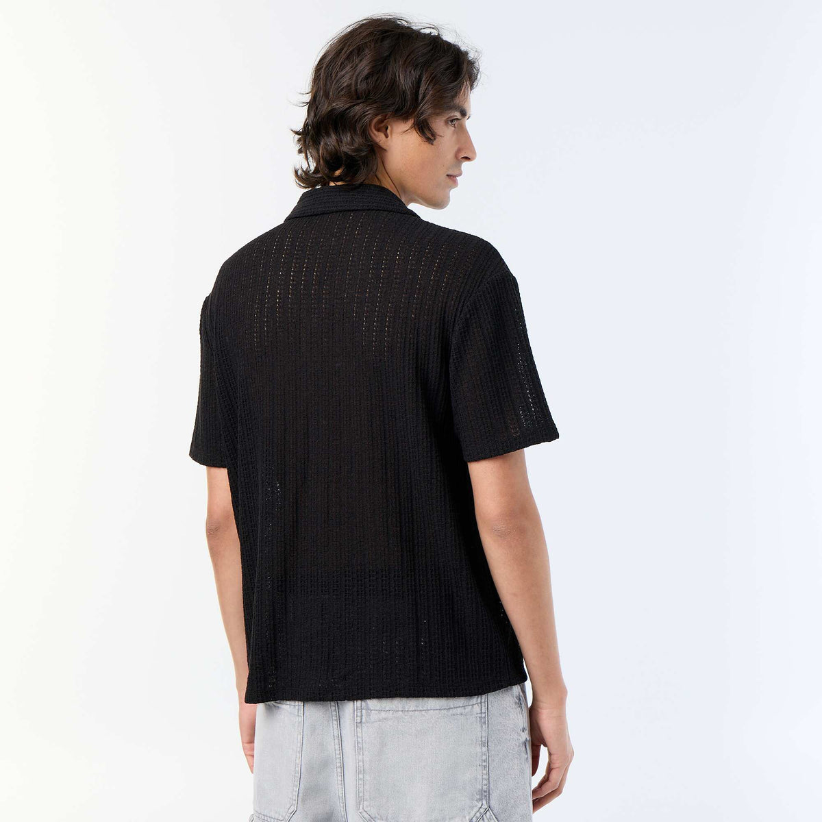 Open-knit Short-Sleeved Shirt BLACK