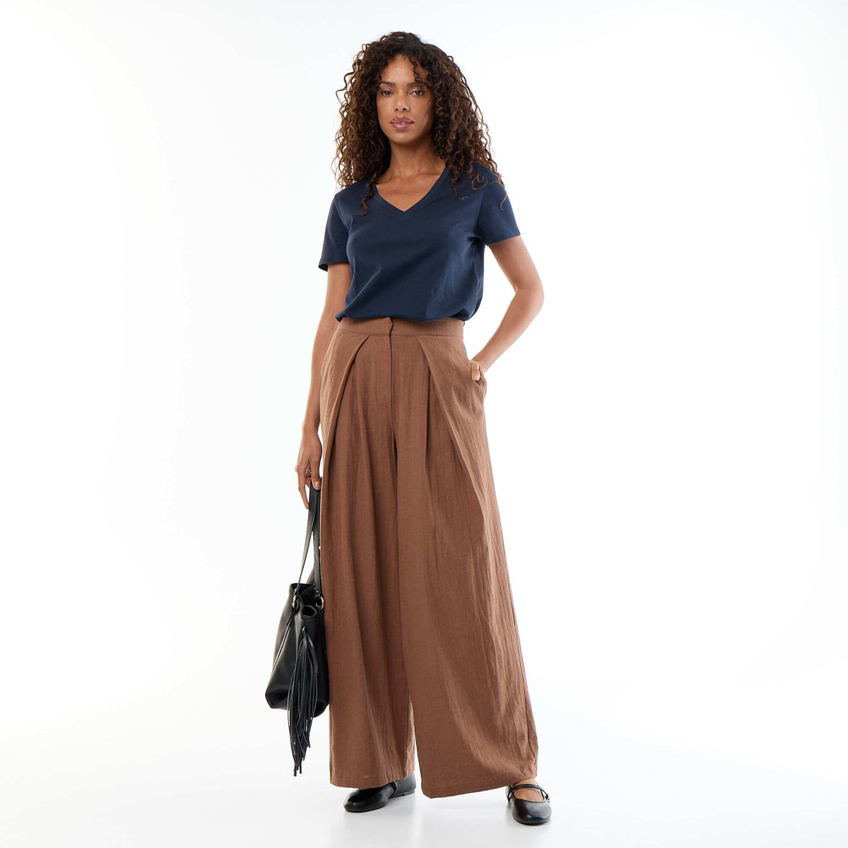 Linen blend wide leg pants BROWN