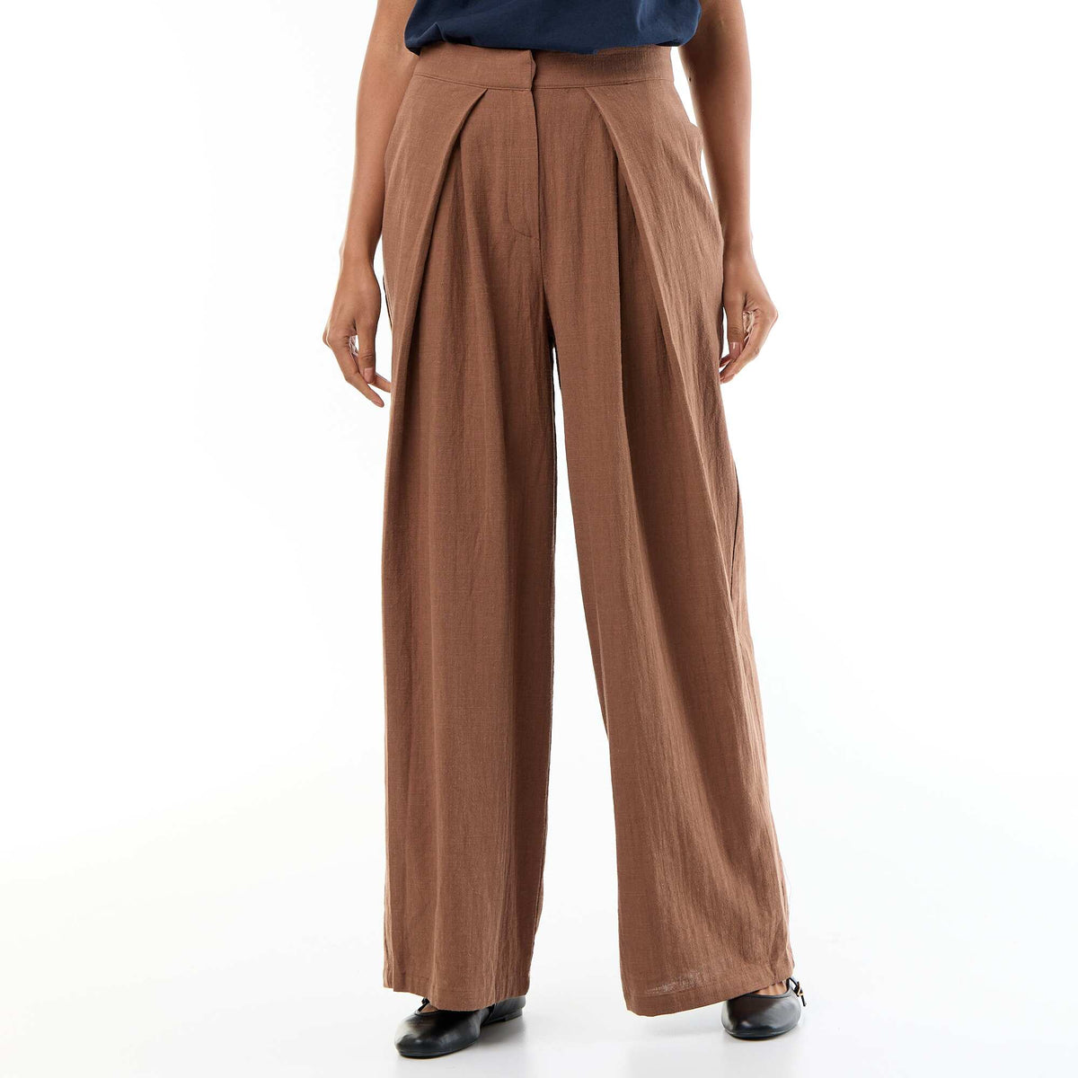 Linen blend wide leg pants BROWN