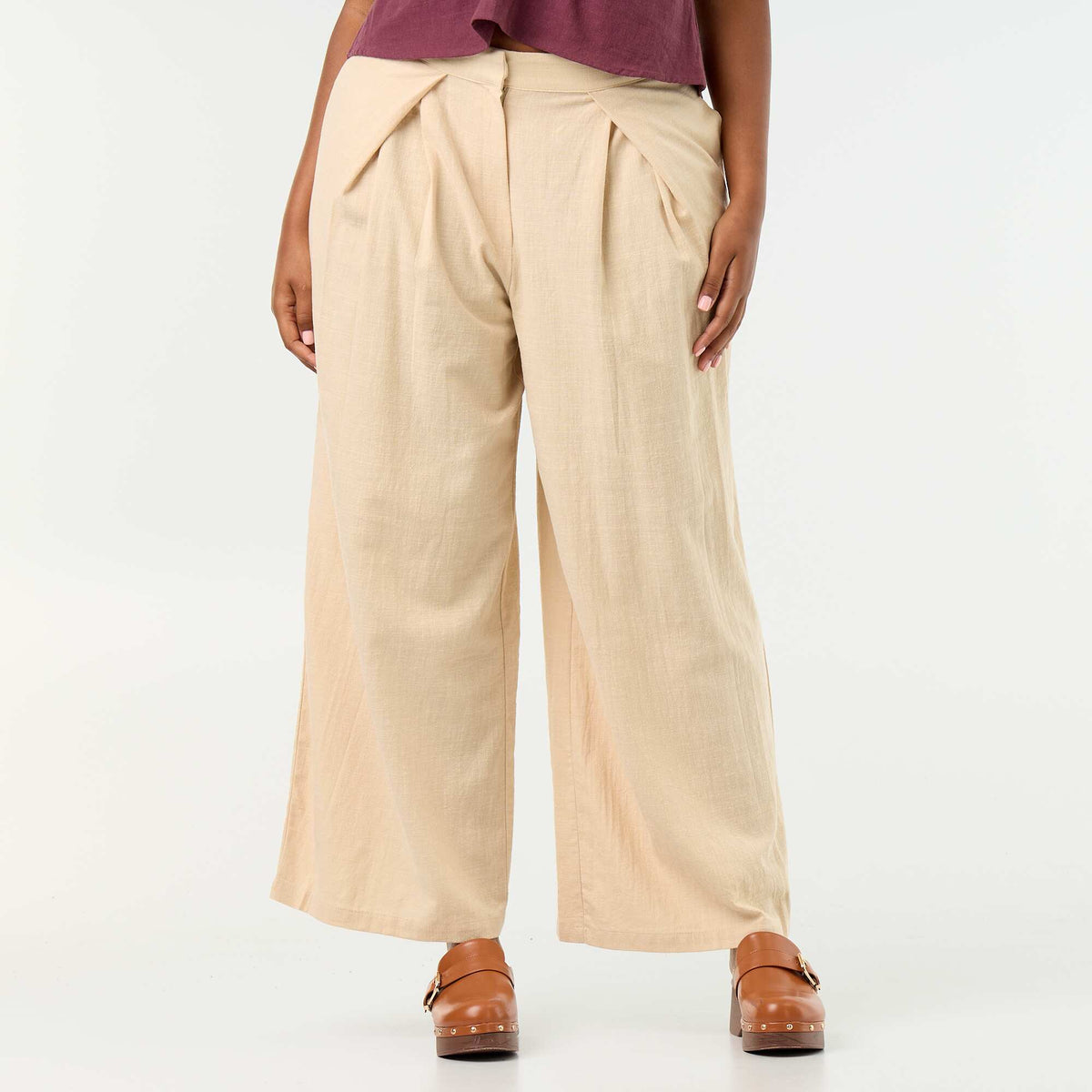 Linen blend wide leg pants BEIGE