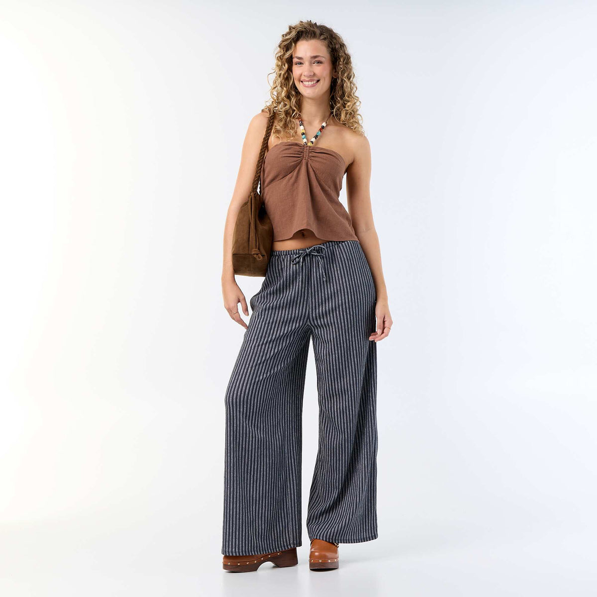 Linen blend crop top with pearls BROWN
