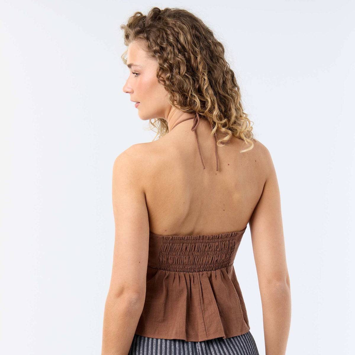 Linen blend crop top with pearls BROWN