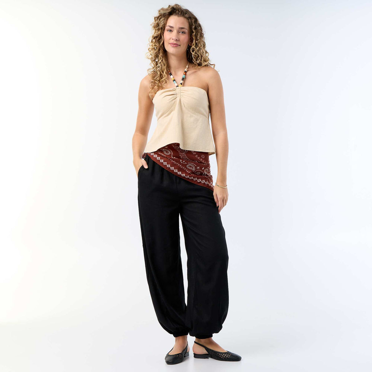 Linen blend crop top with pearls BEIGE