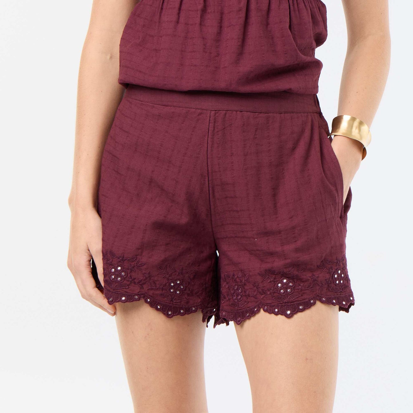 Embroidered Shorts with Mirror Sequins RED
