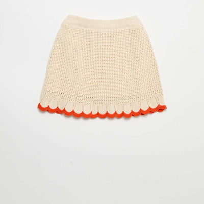 Fine knit skirt with wavy trim BEIGE