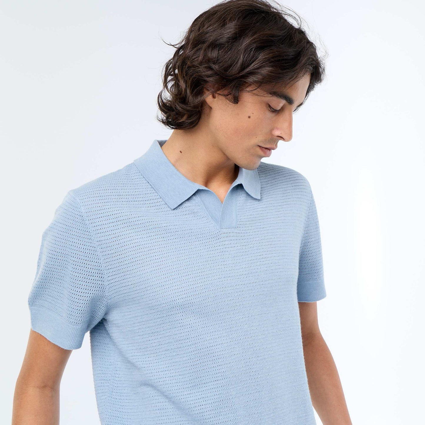 Short-sleeved openwork knit polo shirt BLUE