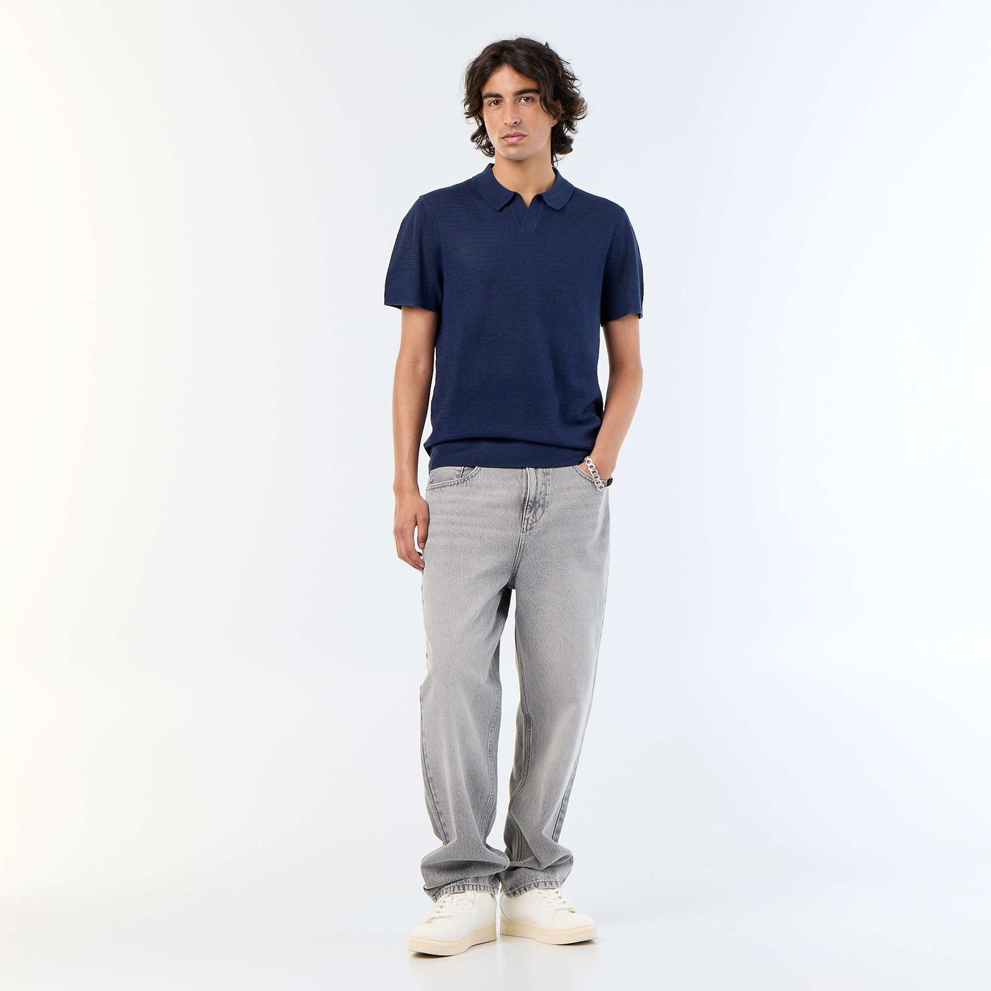 Short-sleeved openwork knit polo shirt BLACK