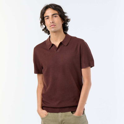 Short-sleeved openwork knit polo shirt BROWN