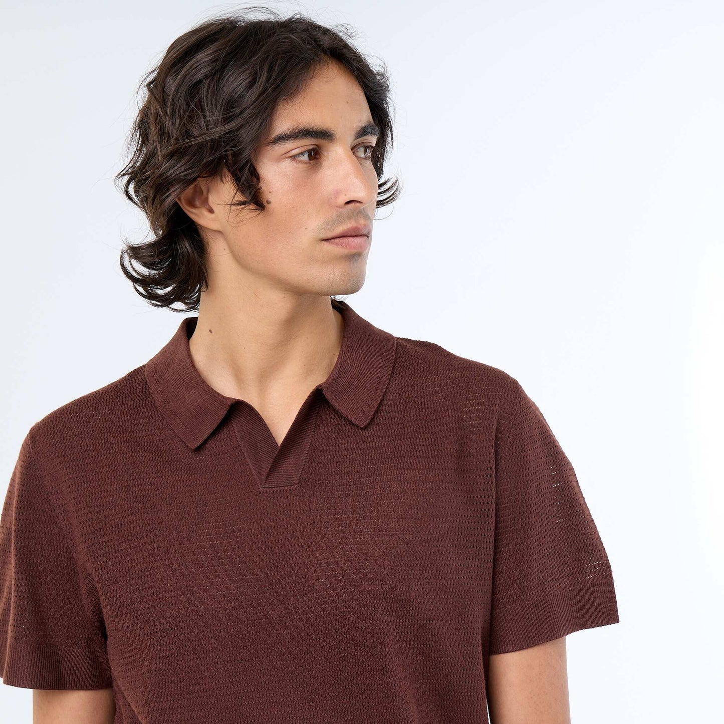 Short-sleeved openwork knit polo shirt BROWN