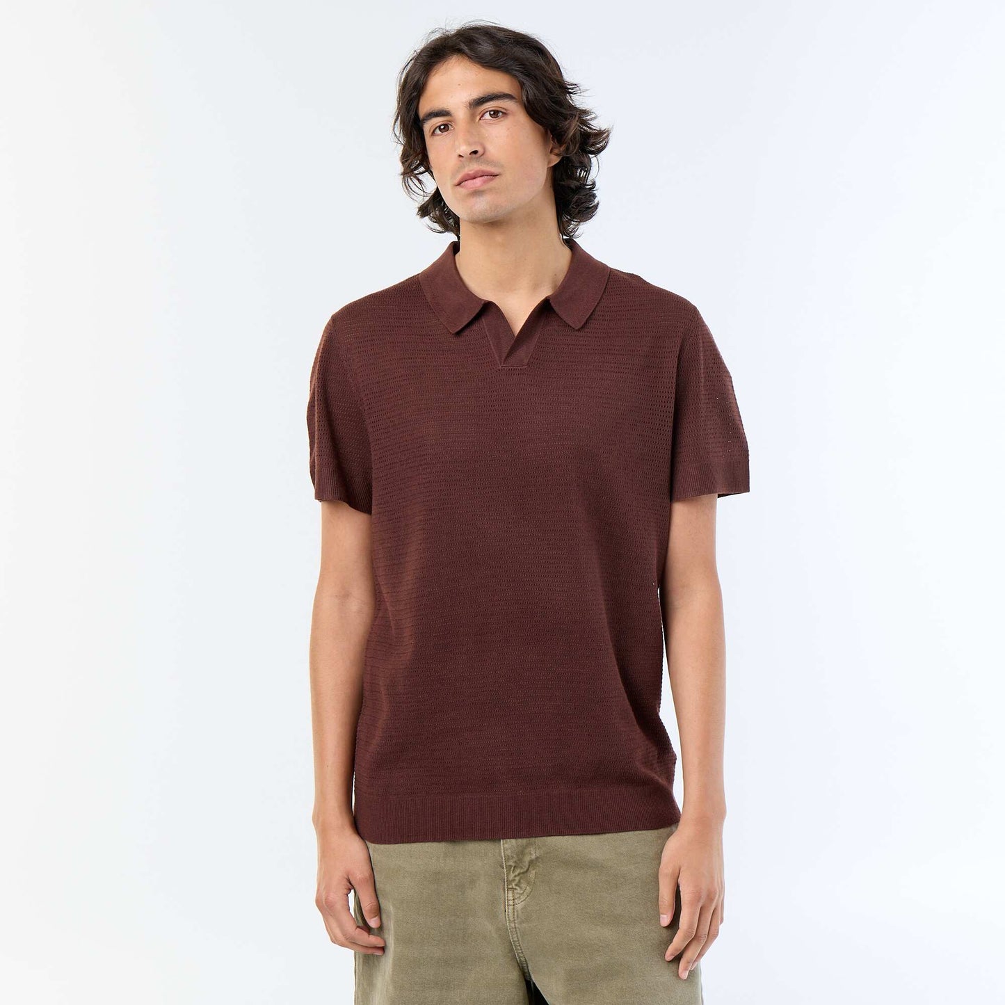 Short-sleeved openwork knit polo shirt BROWN