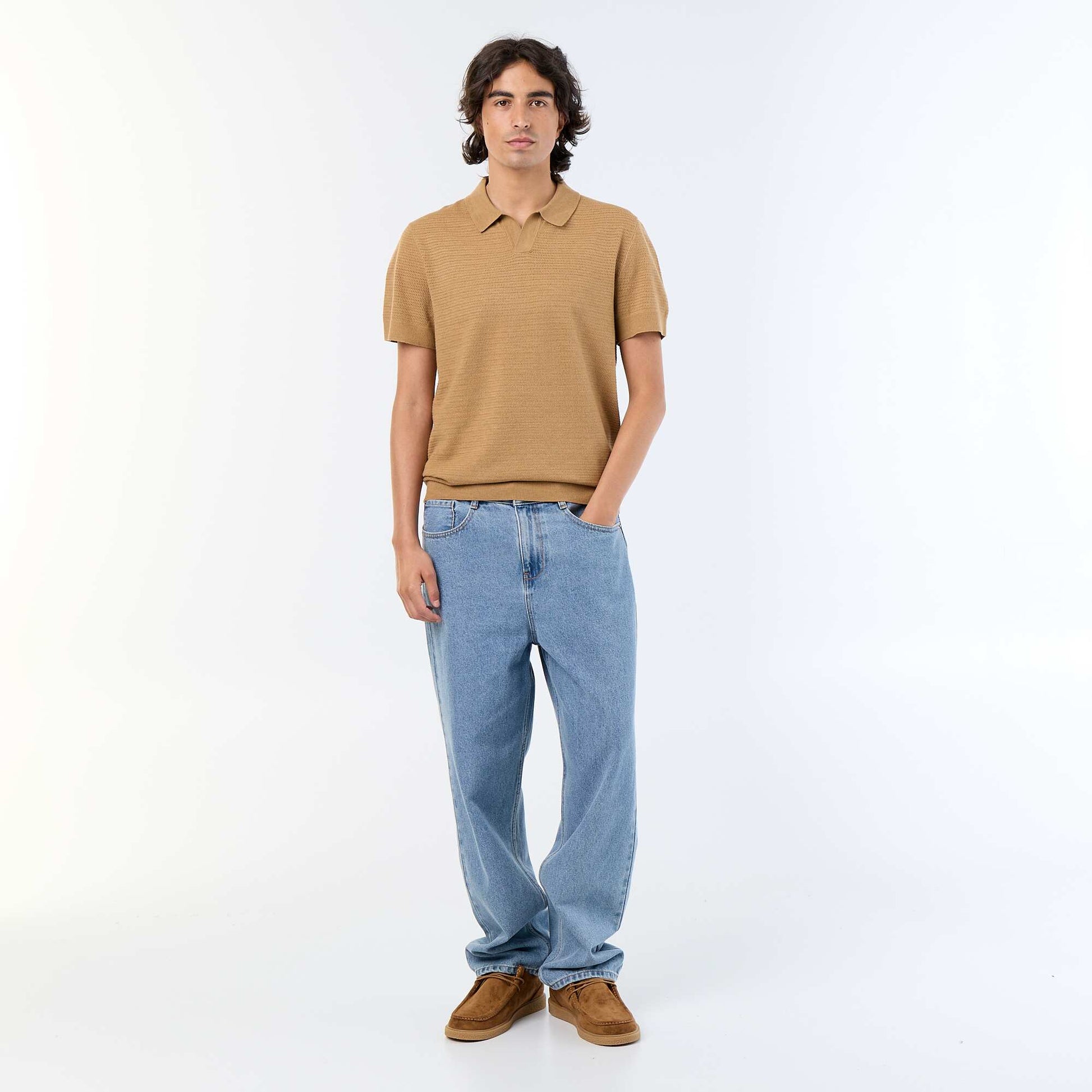 Short-sleeved openwork knit polo shirt BEIGE