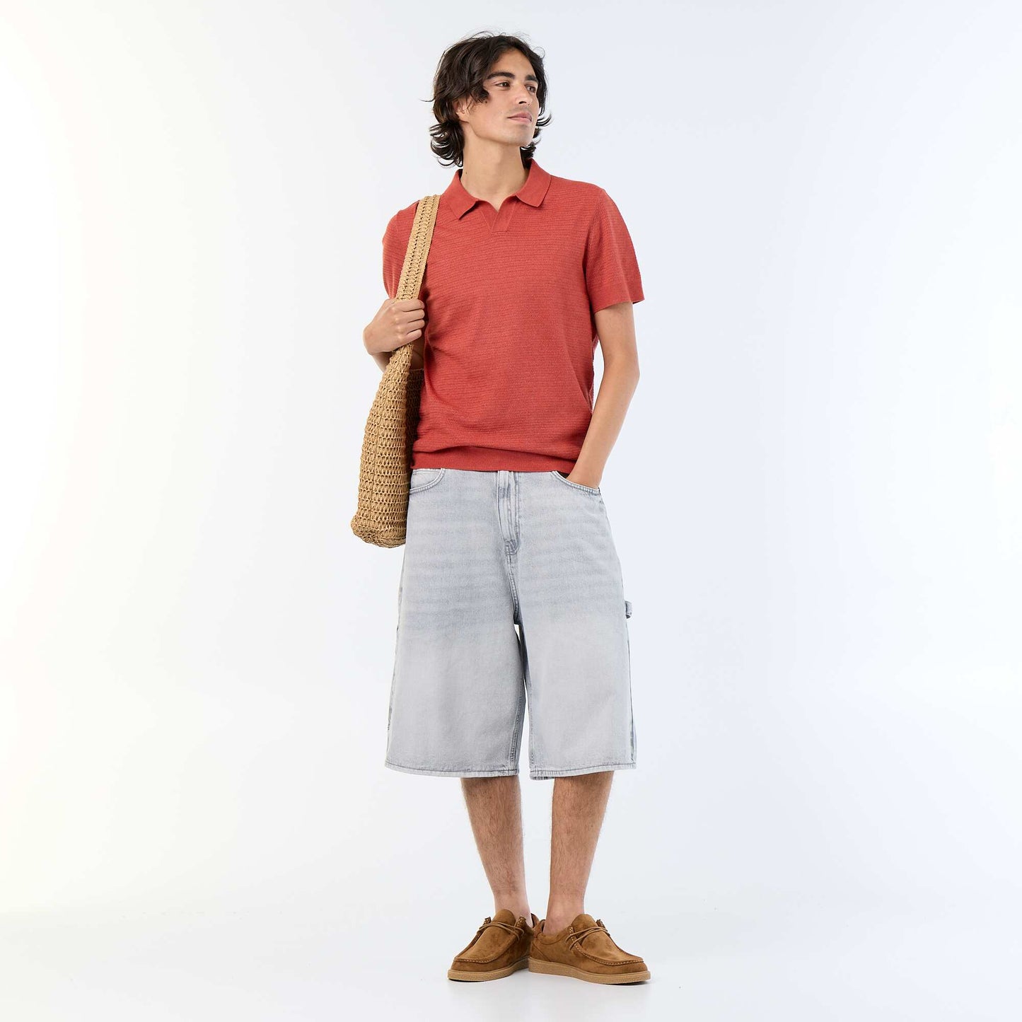 Short-sleeved openwork knit polo shirt BROWN