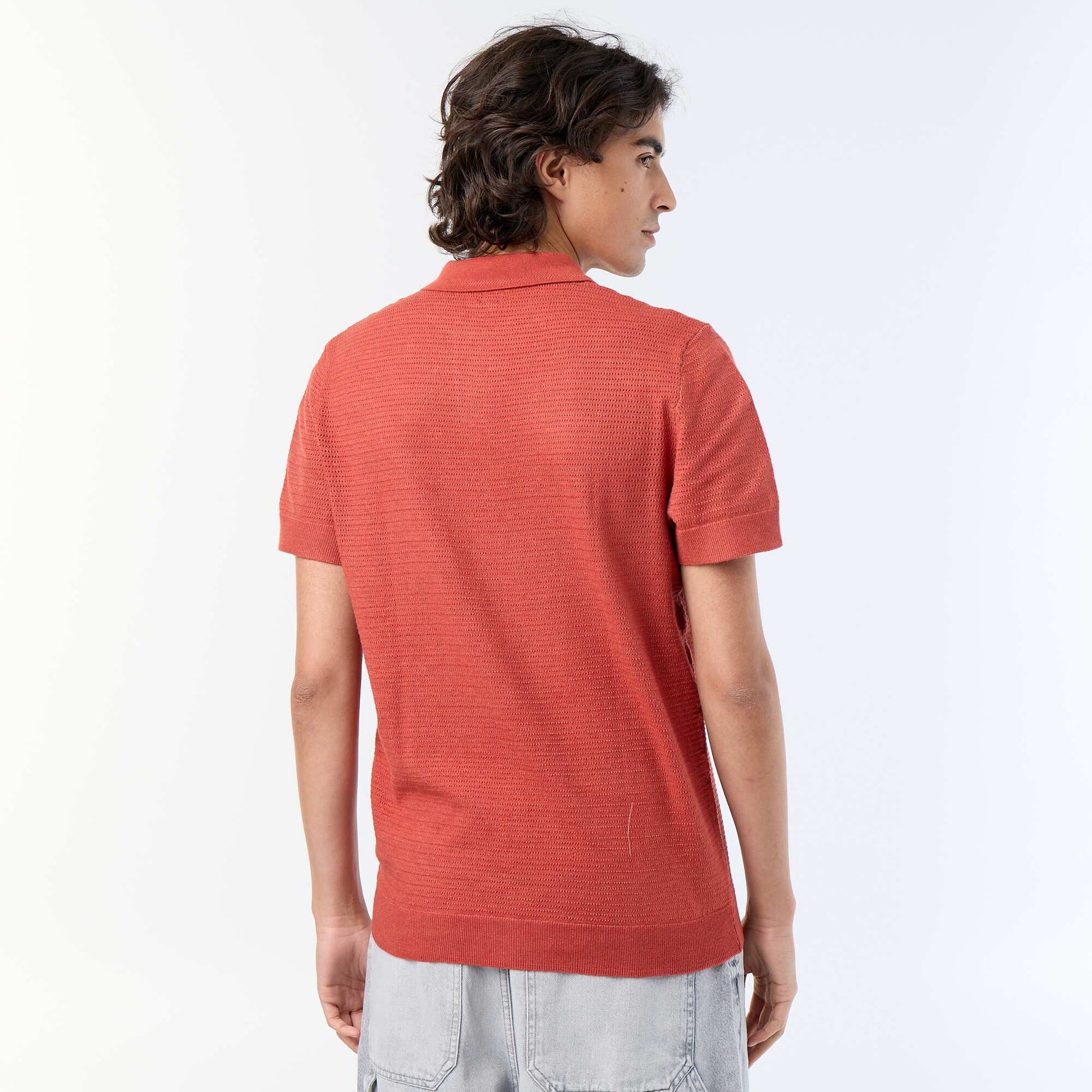 Short-sleeved openwork knit polo shirt BROWN