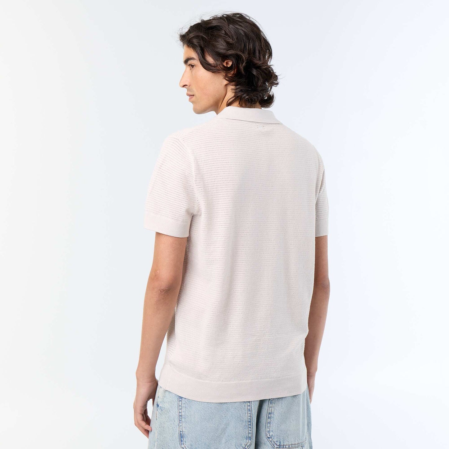 Short-sleeved openwork knit polo shirt GREY