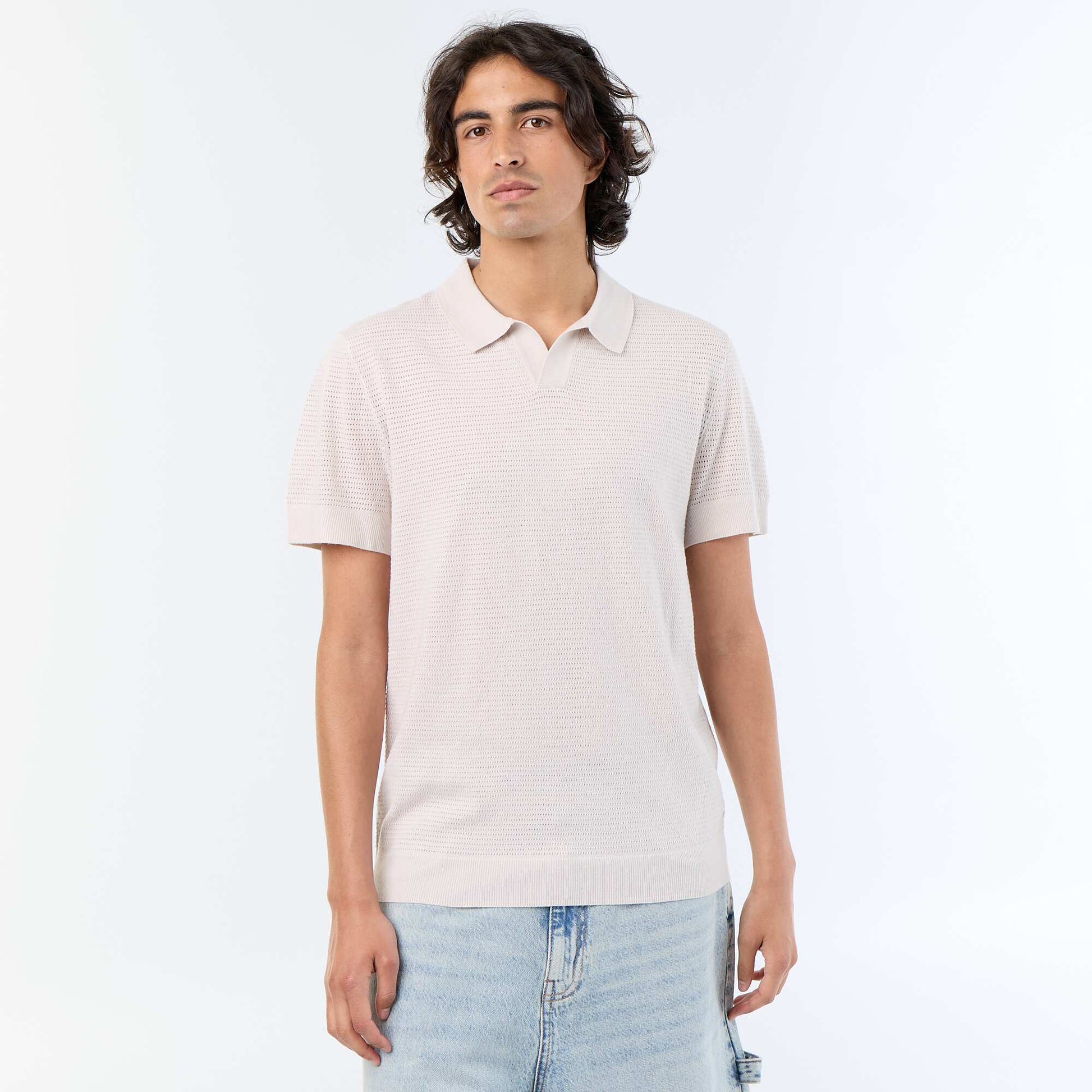 Short-sleeved openwork knit polo shirt GREY