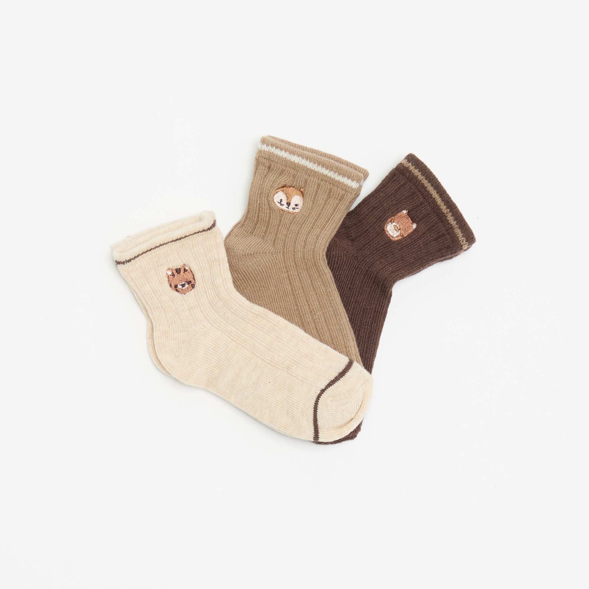 3-pack of Playful Embroidered Ankle Socks BROWN