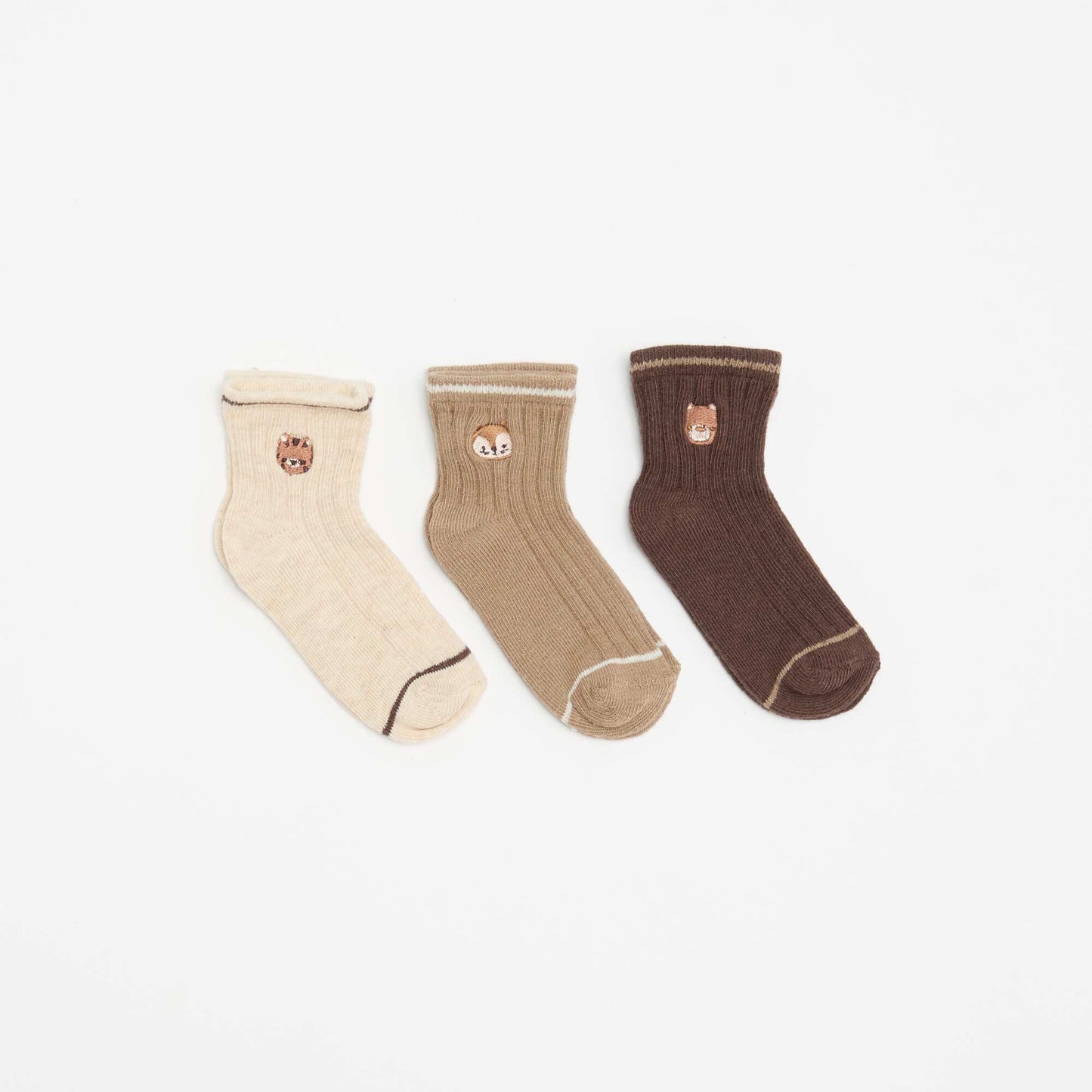 3-pack of Playful Embroidered Ankle Socks BROWN