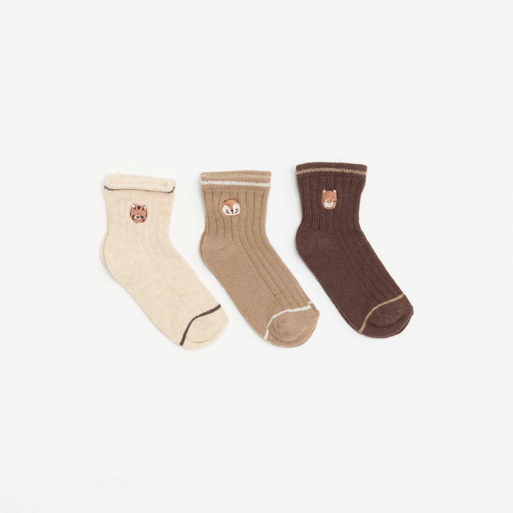 3-pack of Playful Embroidered Ankle Socks BROWN