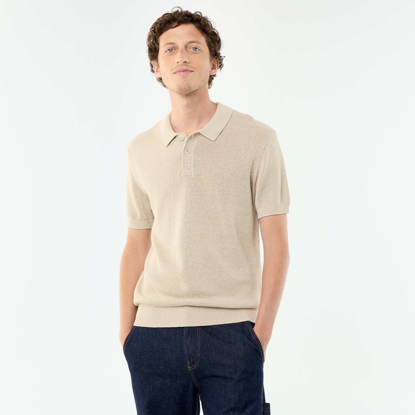 Short-sleeved openwork knit polo shirt BEIGE
