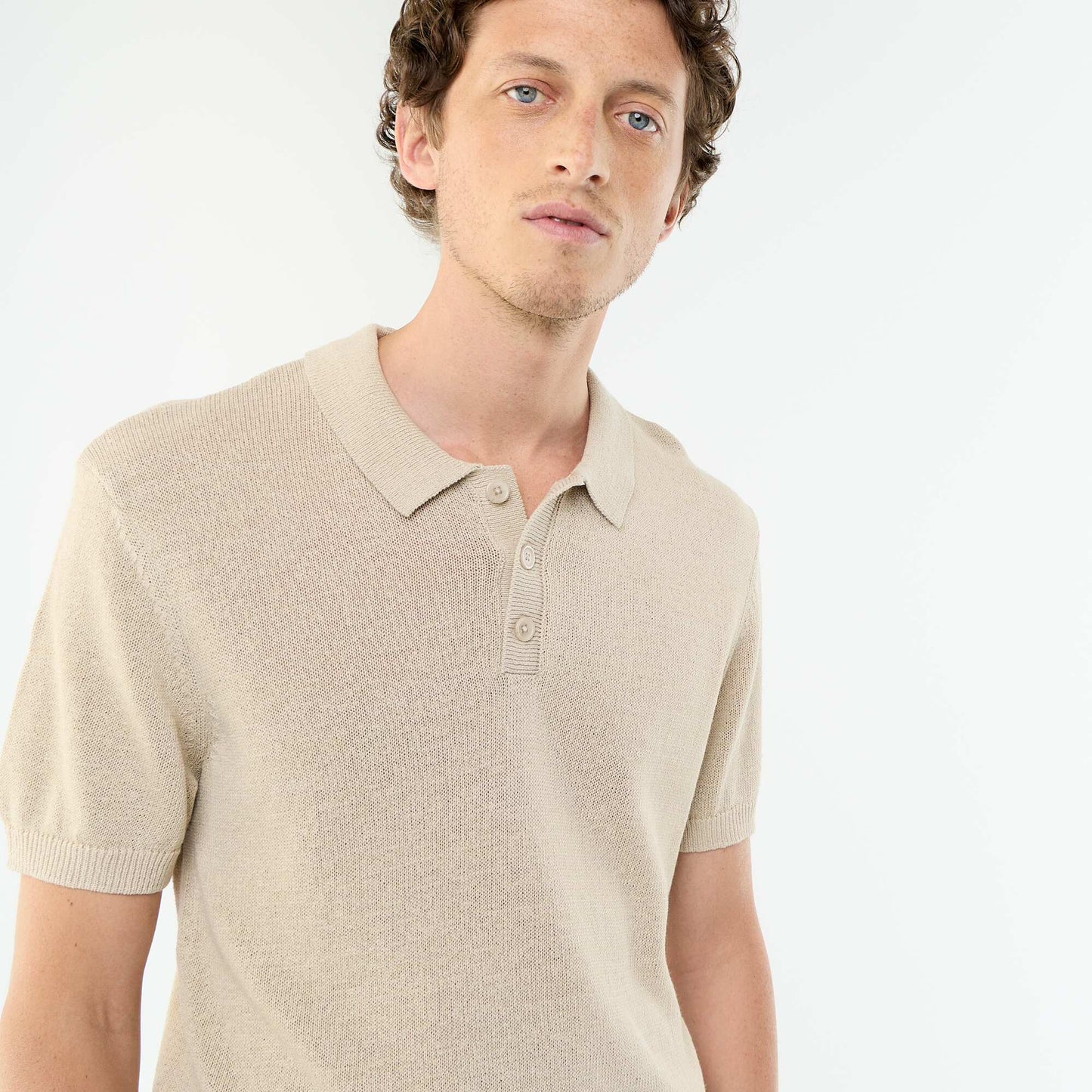 Short-sleeved openwork knit polo shirt BEIGE