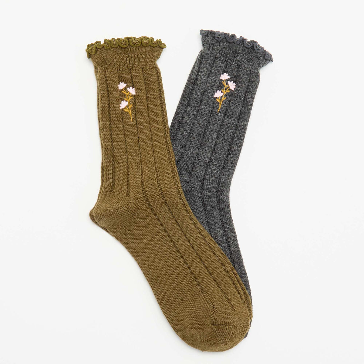 Pack of 2 Pairs of Embroidered Ankle Socks GREY
