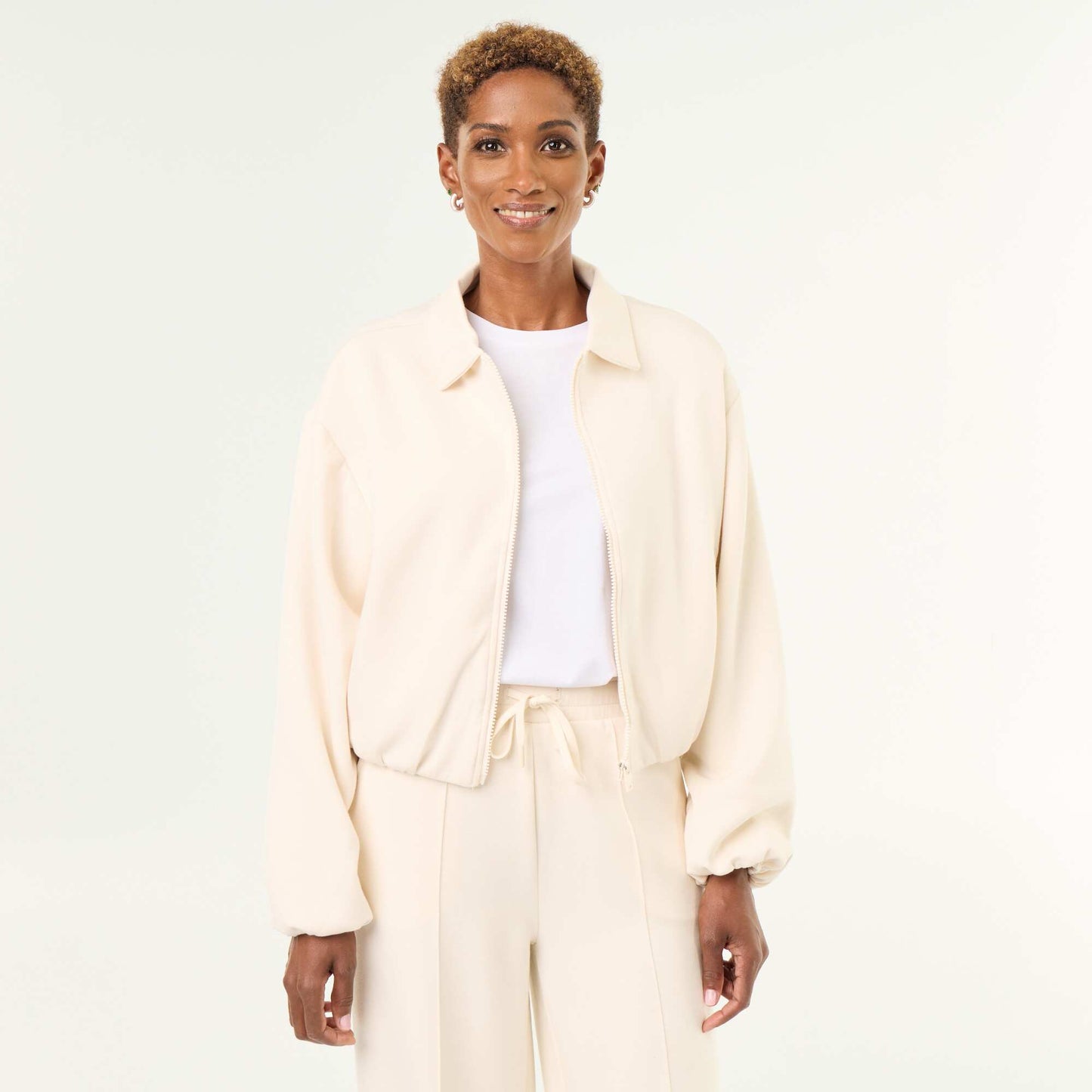 Collared Zip-Up Sweatshirt BEIGE