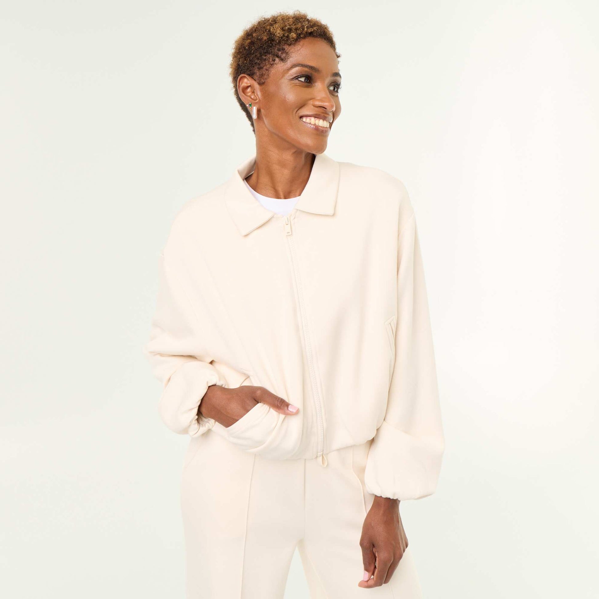 Collared Zip-Up Sweatshirt BEIGE