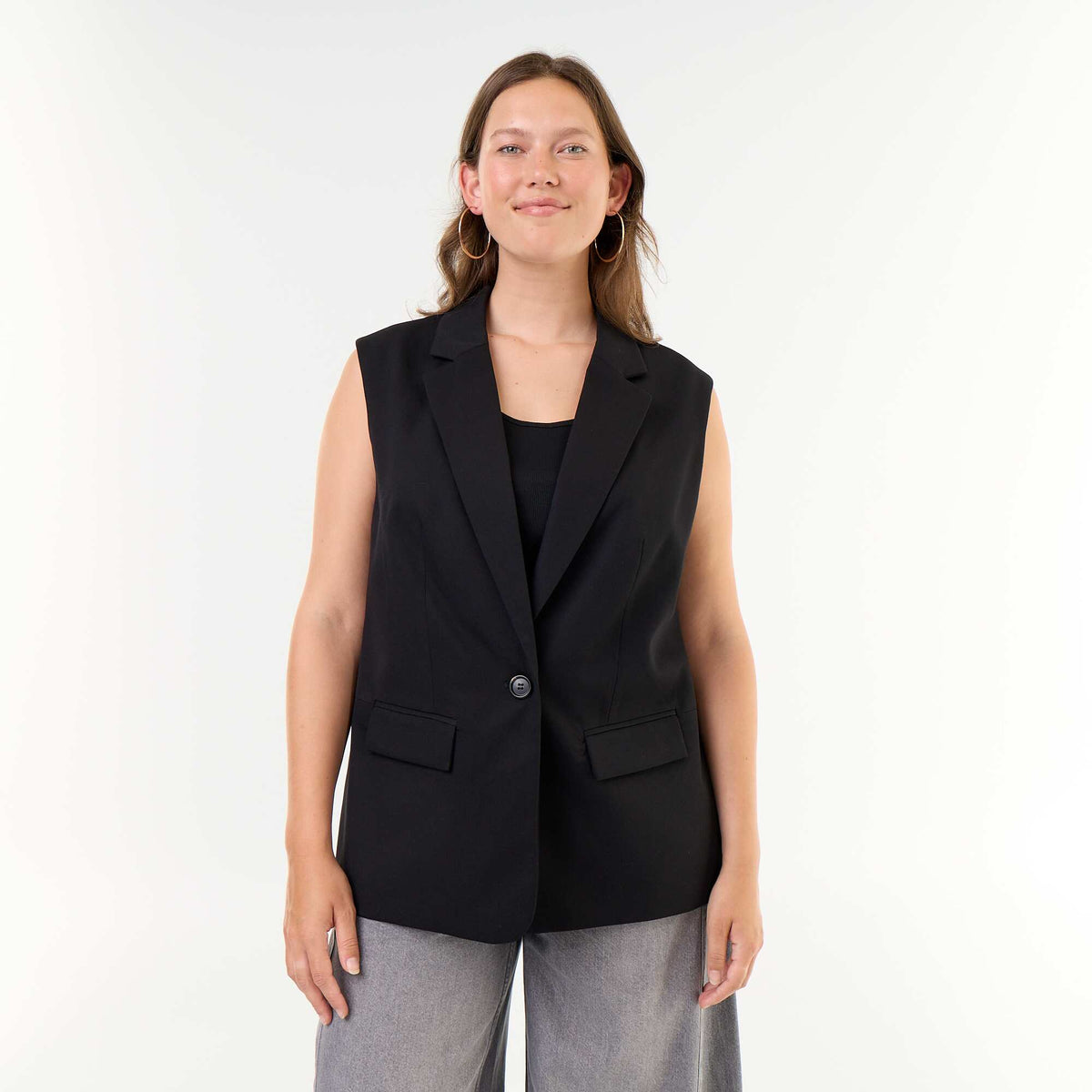 Long Sleeveless Tailored Jacket BLACK
