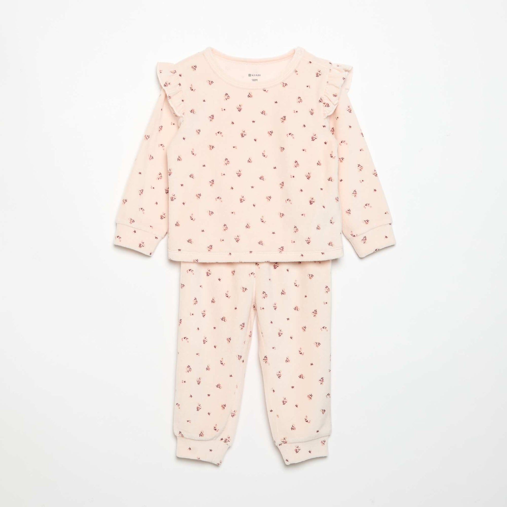 Velvet 2-Piece Pyjama Set: Ruffled Sweatshirt & Trousers PINK