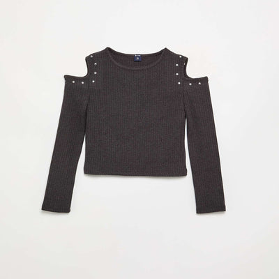 Ribbed Off-the-Shoulder T-shirt BLACK