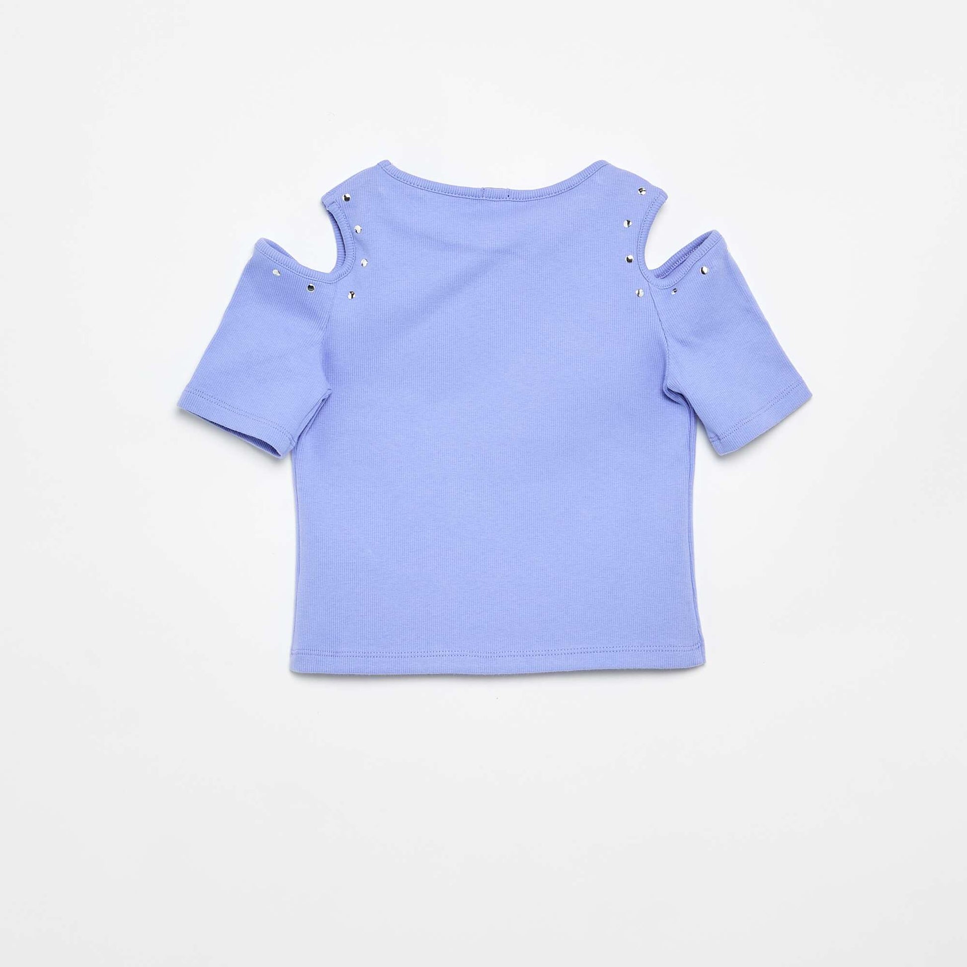 Ribbed Cold Shoulder T-shirt with Studs PURPLE