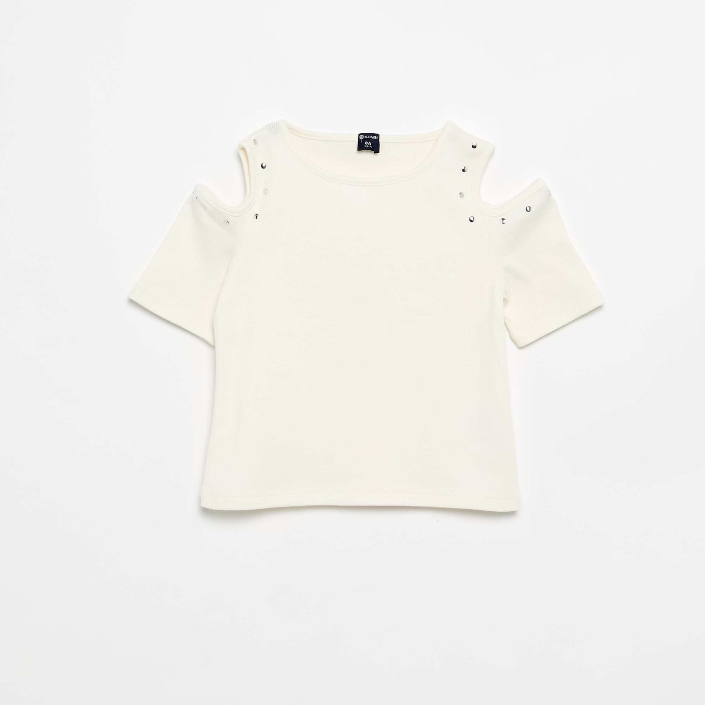 Ribbed Cold Shoulder T-shirt with Studs WHITE
